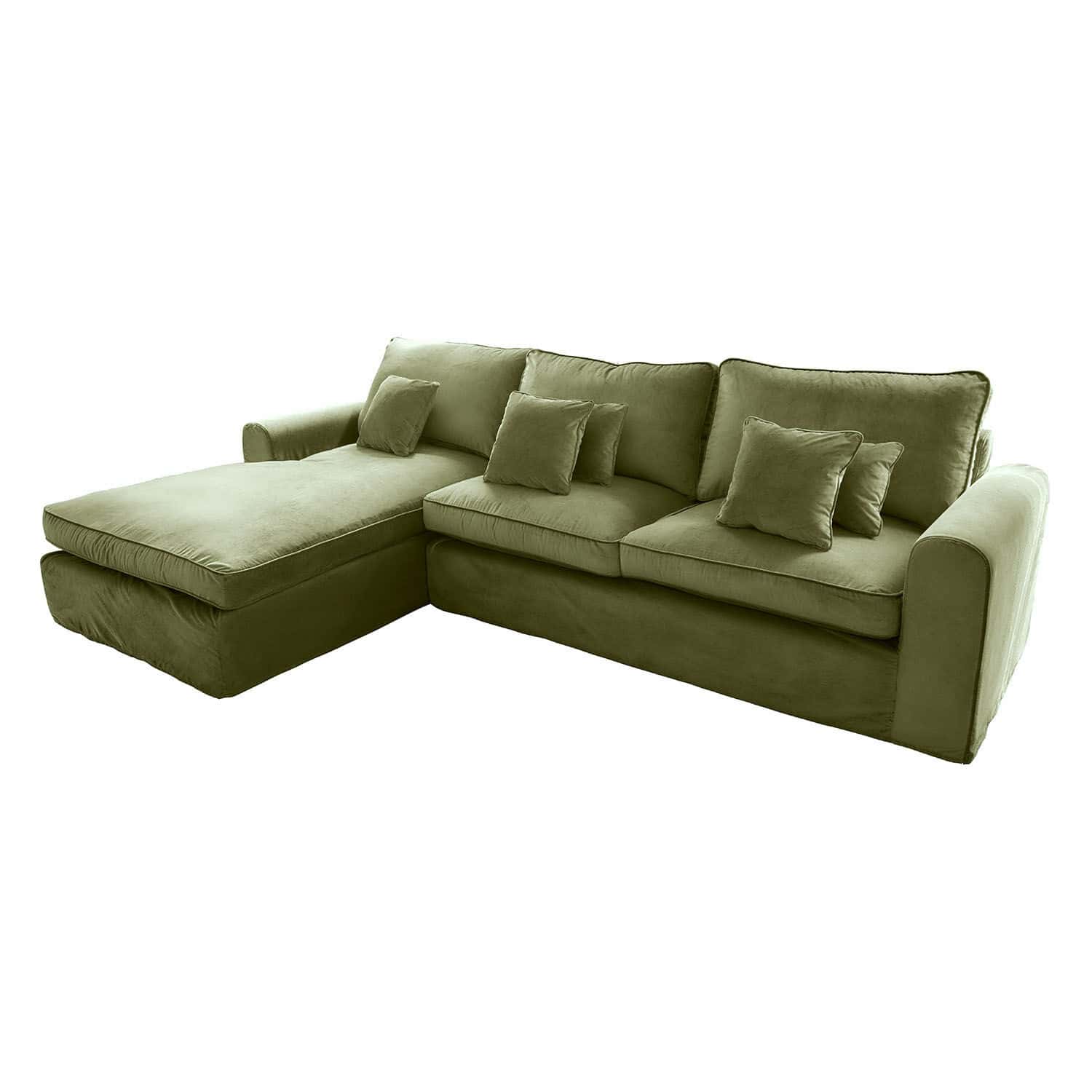Sofa Seaford Grünes Ecksofa aus weichem Stoff mit Kissen, bequem für Wohnzimmer und Entspannung