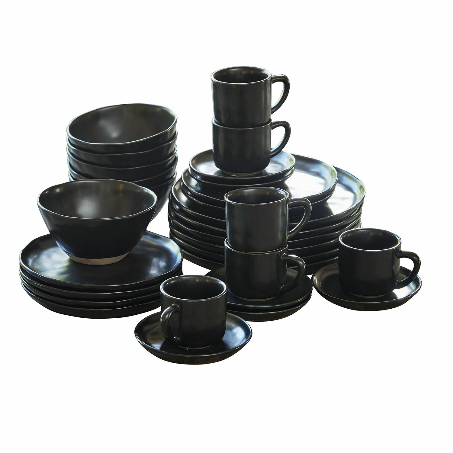 Geschirr 30er Set Biarré Schwarzes Keramik-Geschirrset mit Tasse, Tellern und Schüssel mit naturfarbenem Boden