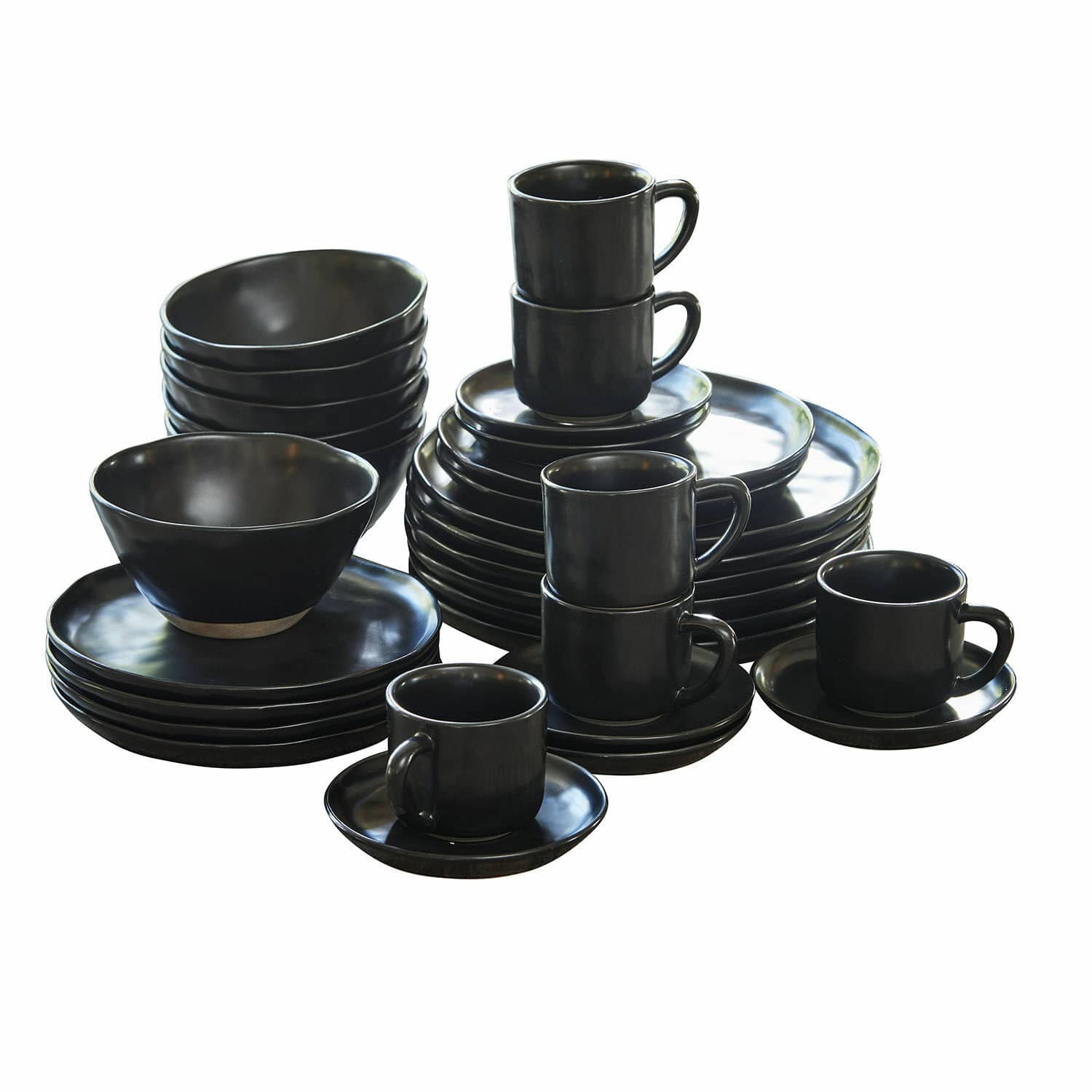 Geschirr 30er Set Biarré Schwarzes Keramik-Geschirrset mit Tasse, Tellern und Schüssel mit naturfarbenem Boden