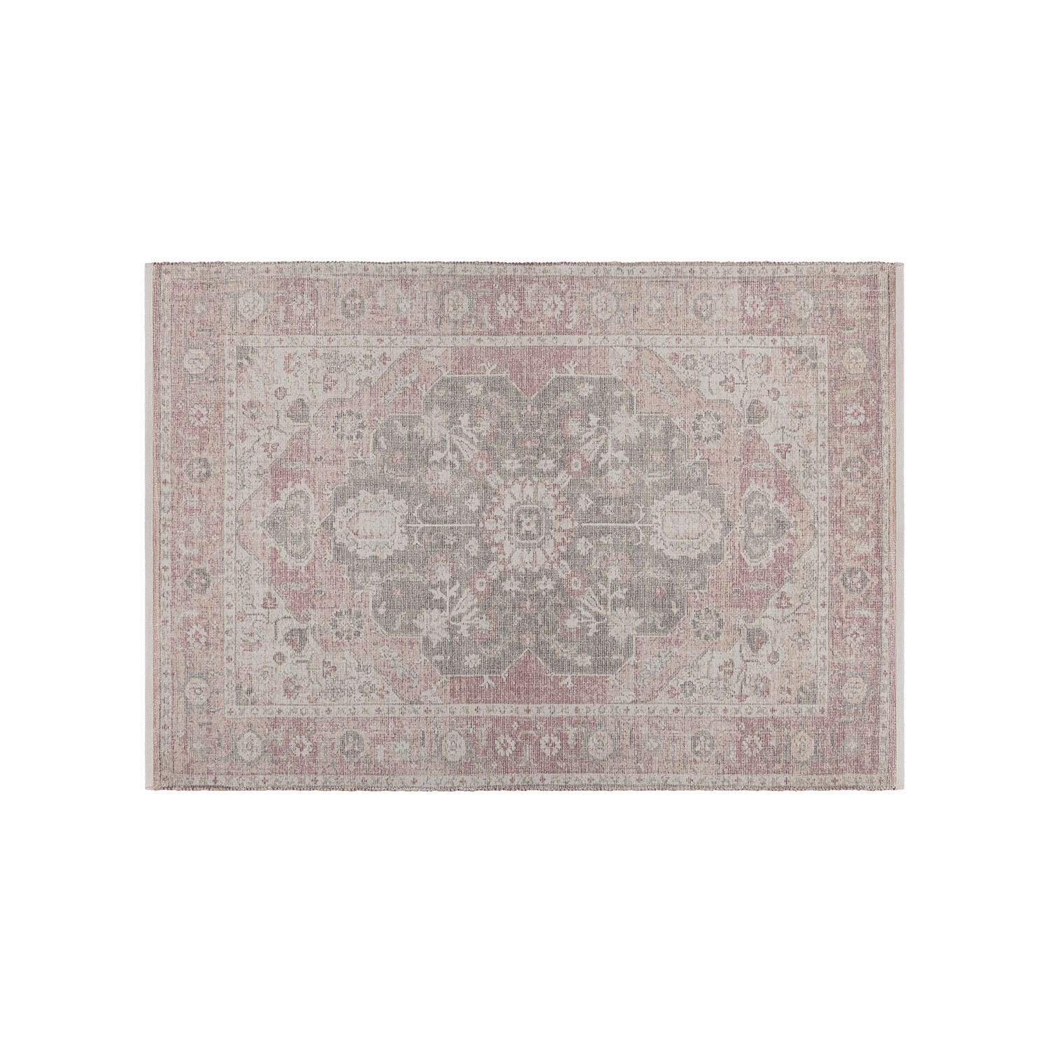 Orientalischer Teppich mit pastellfarbenem Muster in Rosa und Grau, weiches Dekorationsmaterial