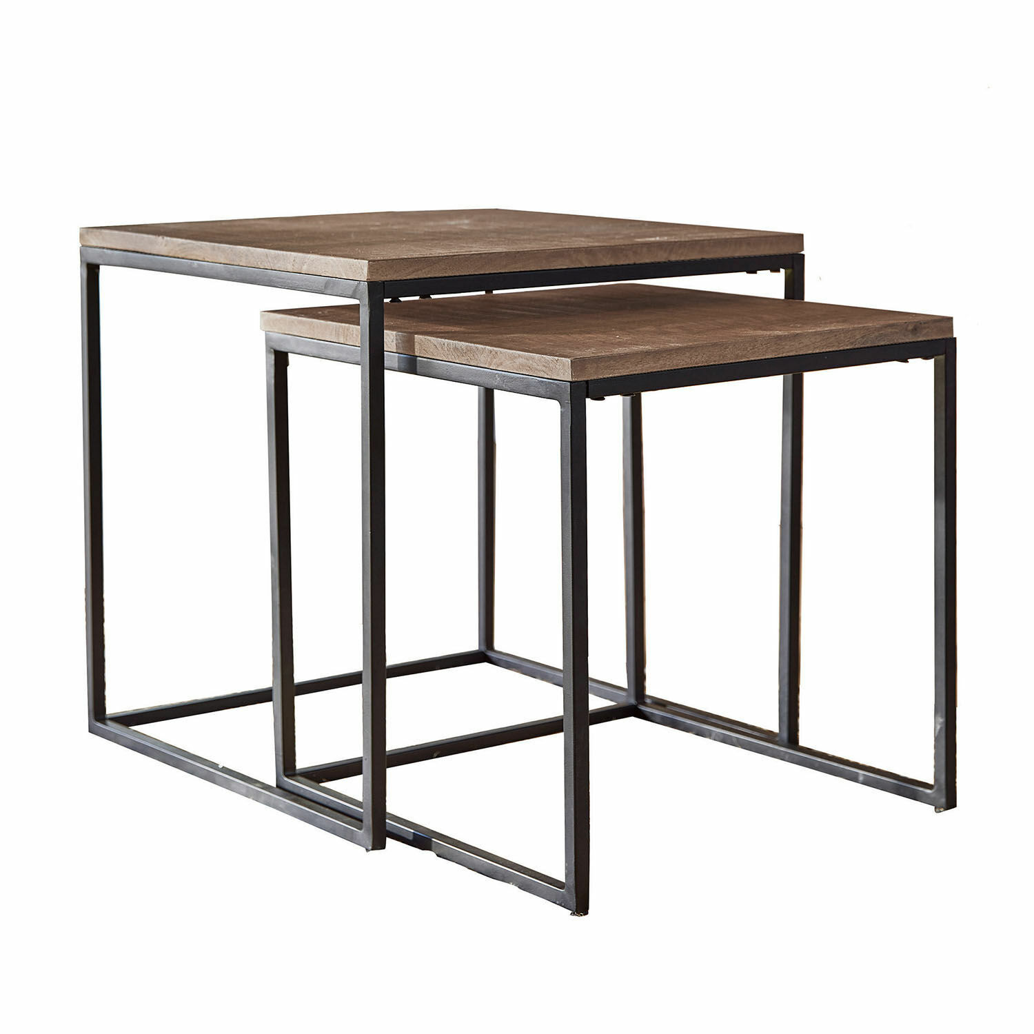 Zweier-Set Tische mit Holzplatte und schwarzem Metallgestell, modernes Design für Wohnzimmer