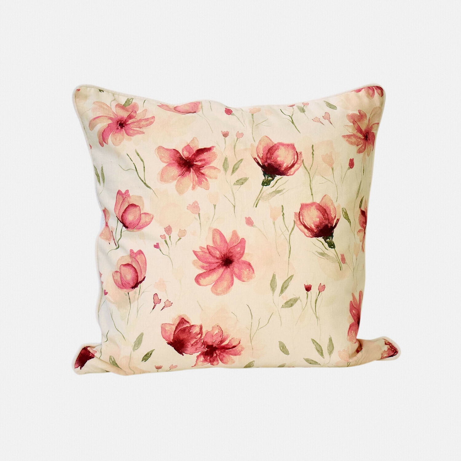 Dekoratives Baumwollkissen in Creme mit rosa Blumenmuster, ideal für Wohnzimmer und Deko