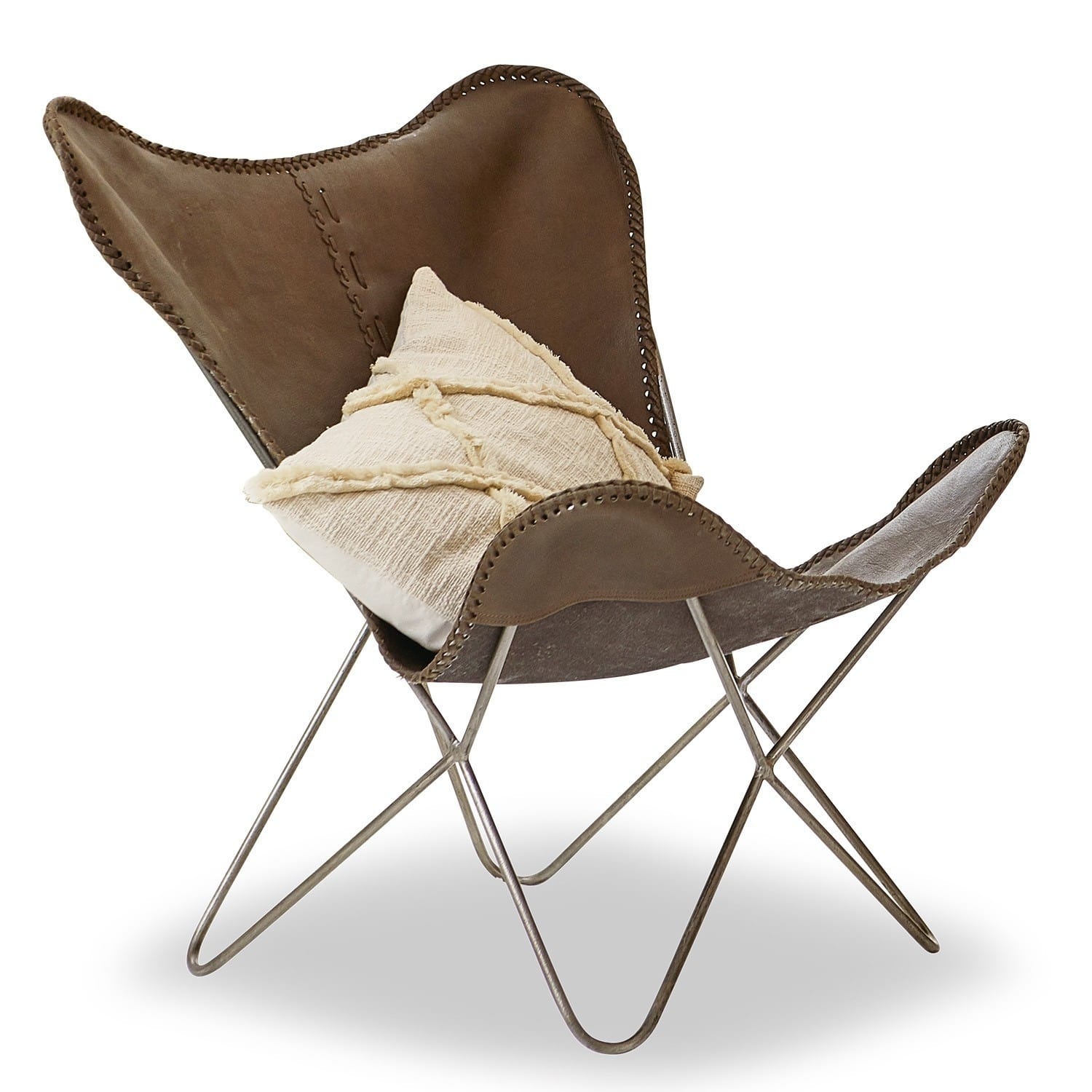Brauner Butterfly-Sessel aus Leder mit Metallgestell und cremefarbenem Kissen für Wohnzimmer