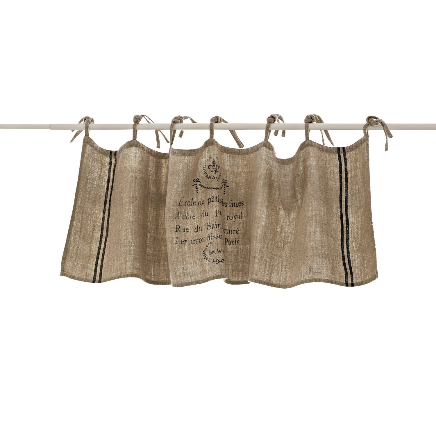 Beige Leinen-Vorhang mit schwarzem Druck und Streifen, Vintage Fensterdekoration