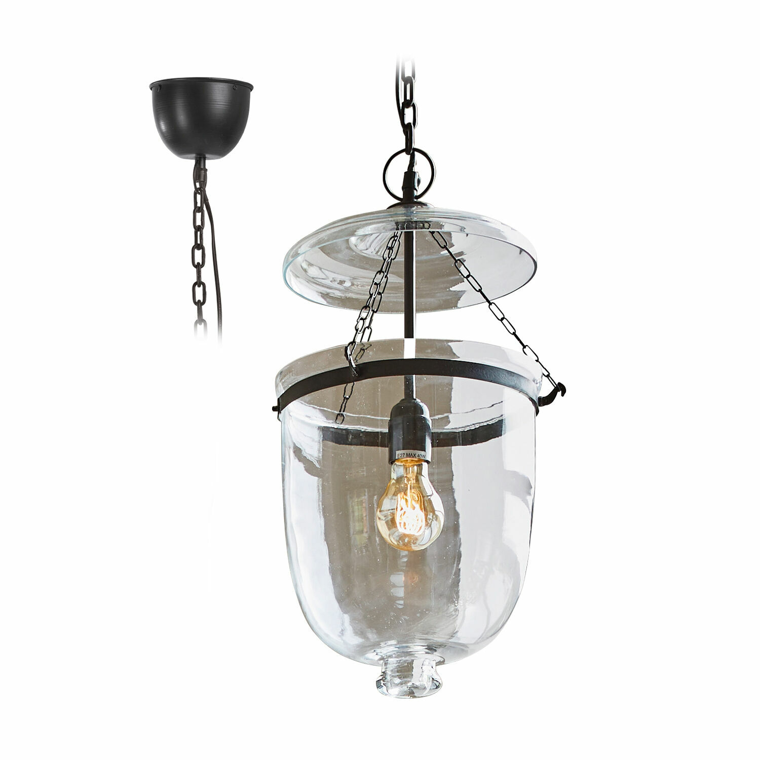 Hängelampe Lanta Hängelampe aus Glas mit schwarzem Metallketten und klarem Lampenschirm, dekorative Innenbeleuchtung