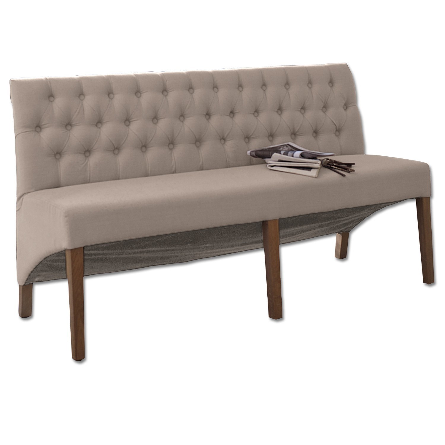Beige gepolsterte Bank mit gestepptem Rücken und Holzbeinen für Wohnzimmer
