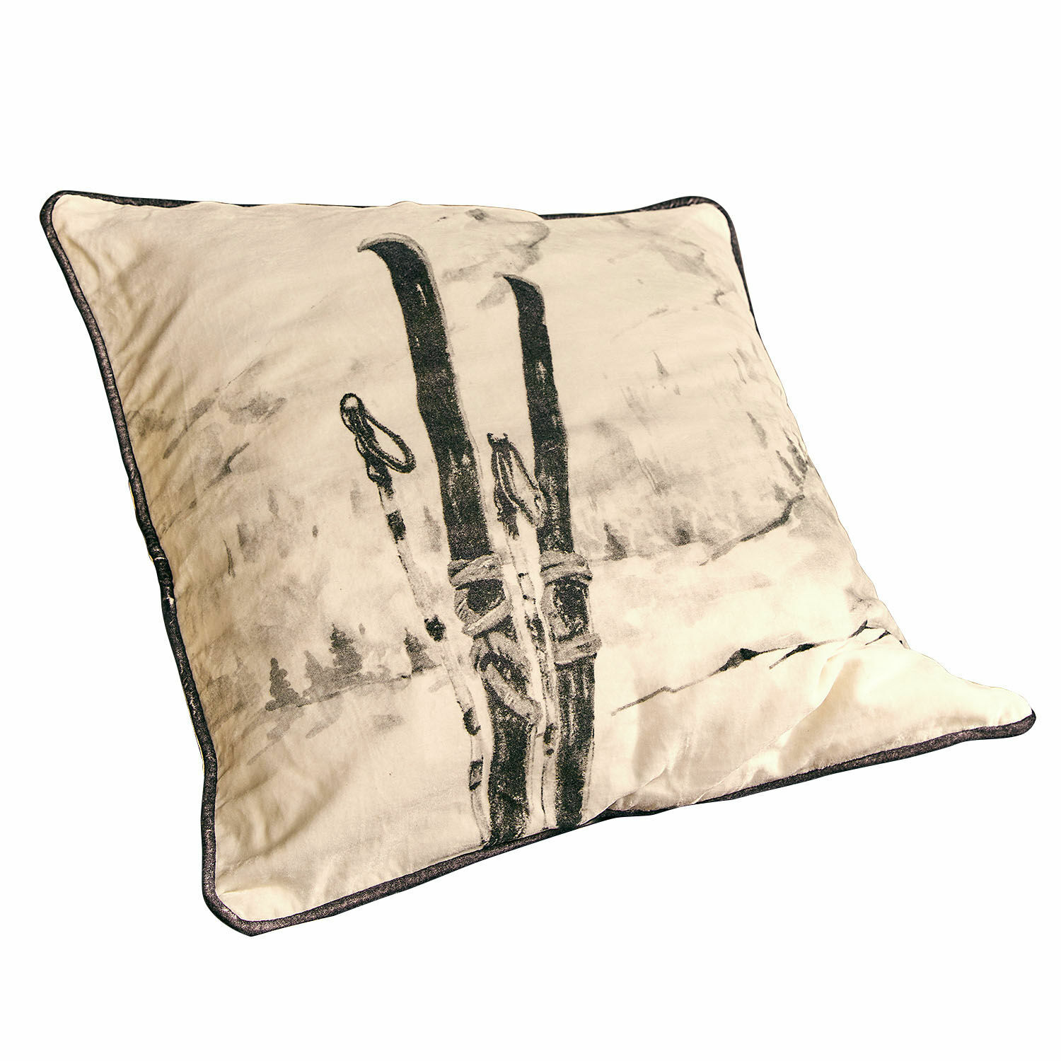 Kissenhülle Finorel Beiges Baumwollkissen mit Ski-Motiv, Winterdeko, gemütliches Wohnaccessoire