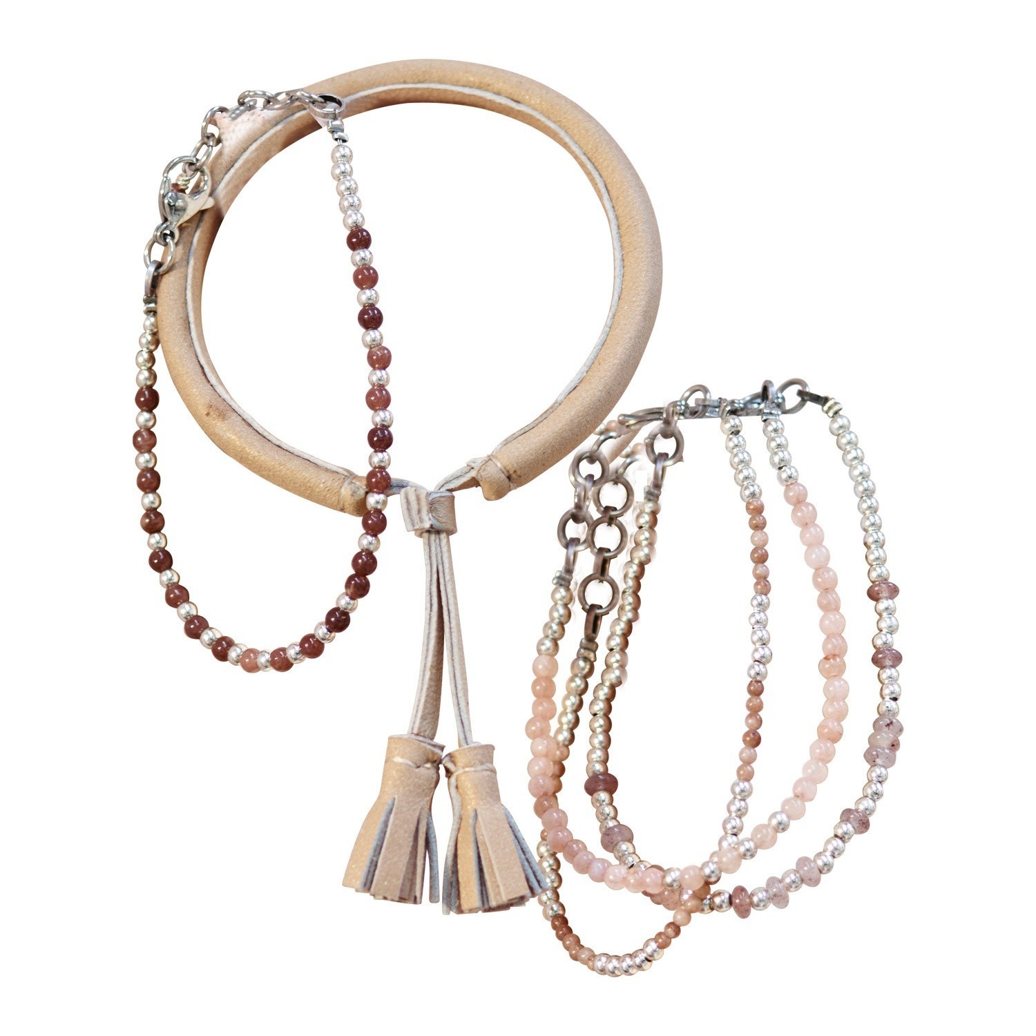 Schmuckset aus beigem Leder und Perlen in Rosa- und Silbernuancen, modisches Accessoire