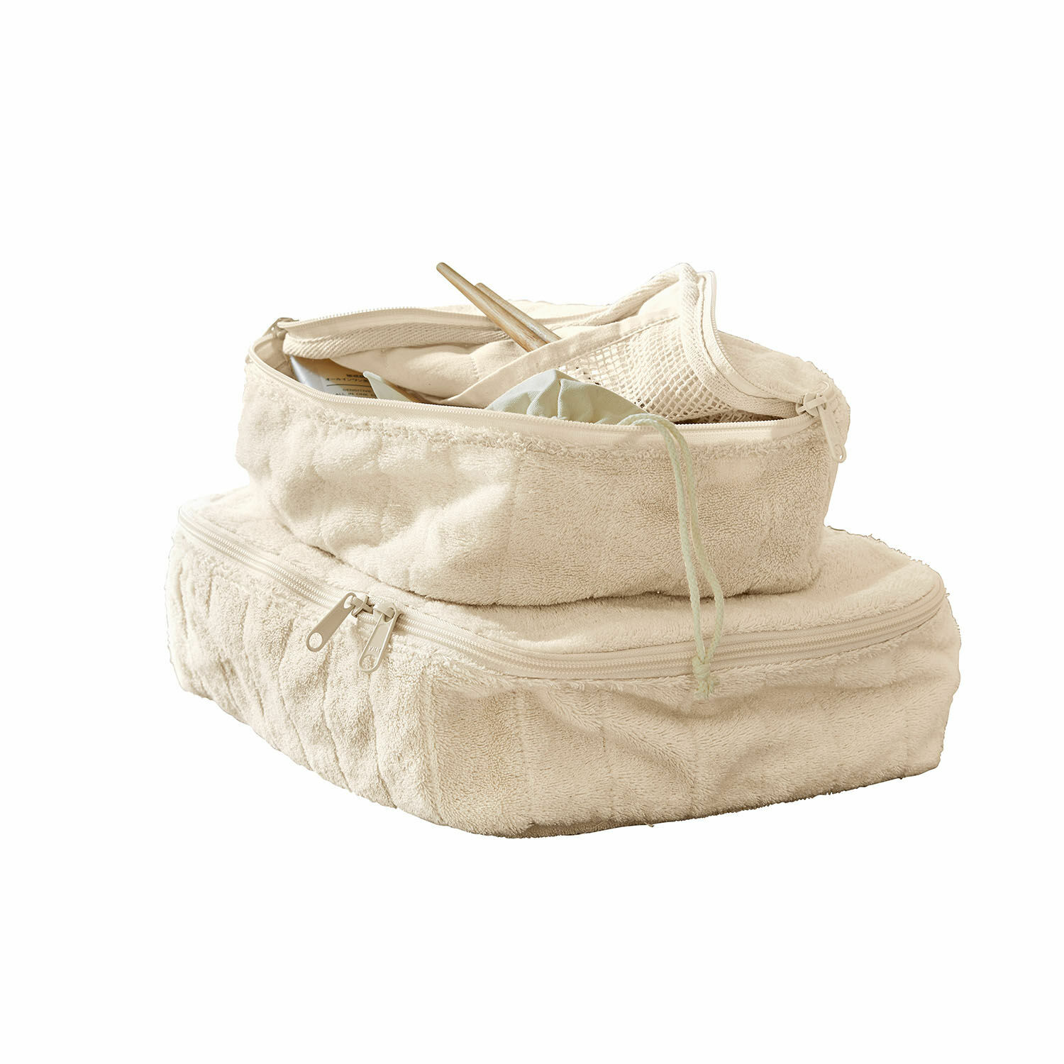Kosmetiktasche 2er Set Invarel Beige weiche Frottee-Taschen mit Reißverschlüssen zur Aufbewahrung und praktischen Organisation