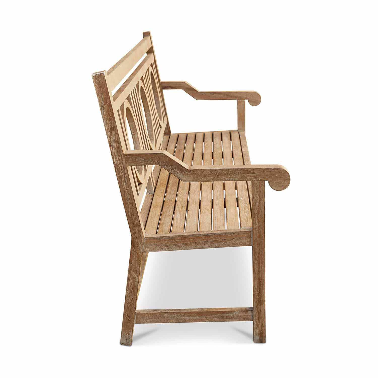 Gartenbank aus Holz mit dekorativer Rückenlehne in natürlicher Holzfarbe, Outdoor-Möbel