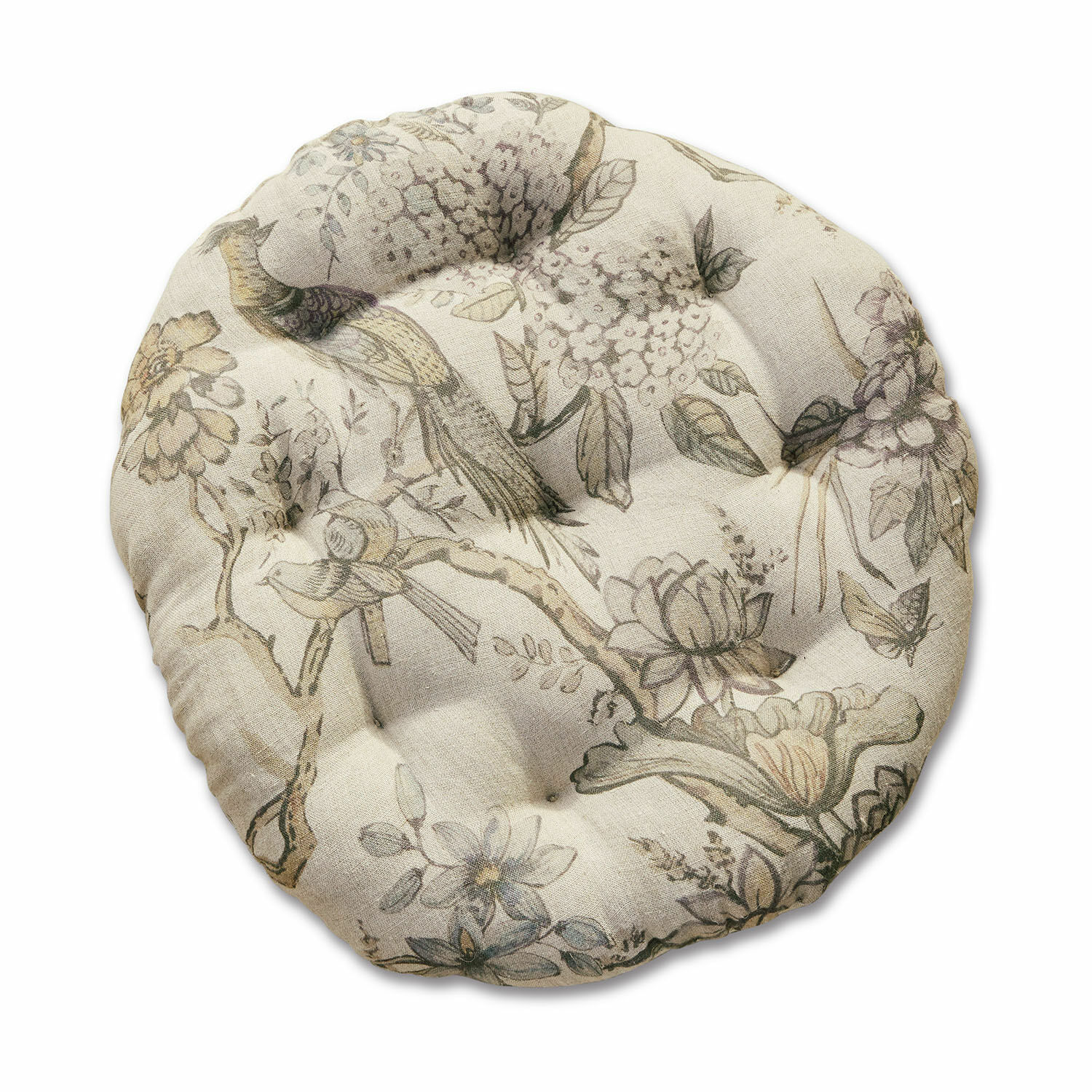Sitzkissen Kayla Rundes Baumwoll-Stuhlkissen in Beige mit floralem und Vogelmotiv für Komfort