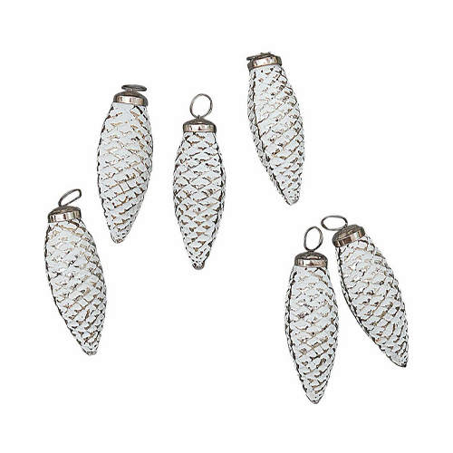 Sechsteiliges Set weißer Glas-Tannenzapfen mit Metallösen als Weihnachtsdekoration