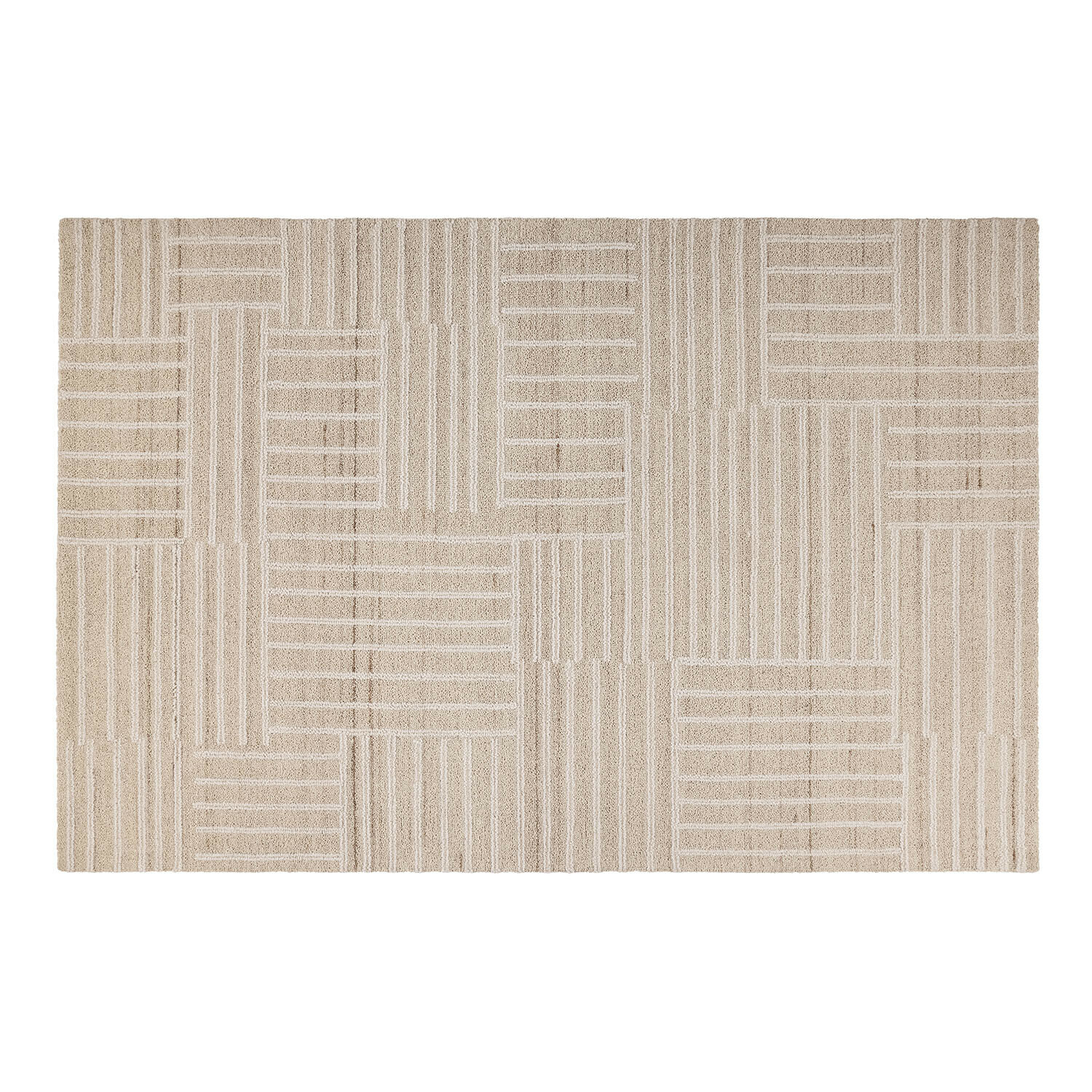 Beigefarbener Teppich mit geometrischem Streifenmuster, weiches Material, modernes Design