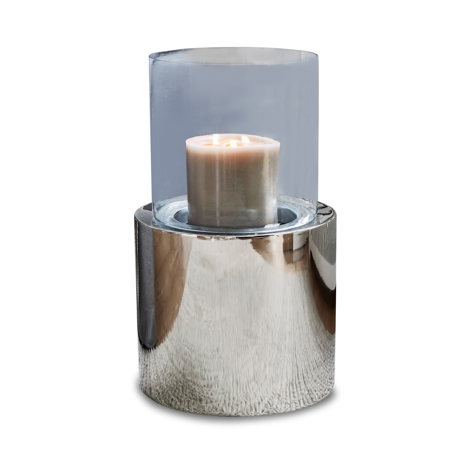 Windlicht Hanley Moderner Kerzenhalter aus Edelstahl und Glas mit weißer Kerze, Wohnaccessoire