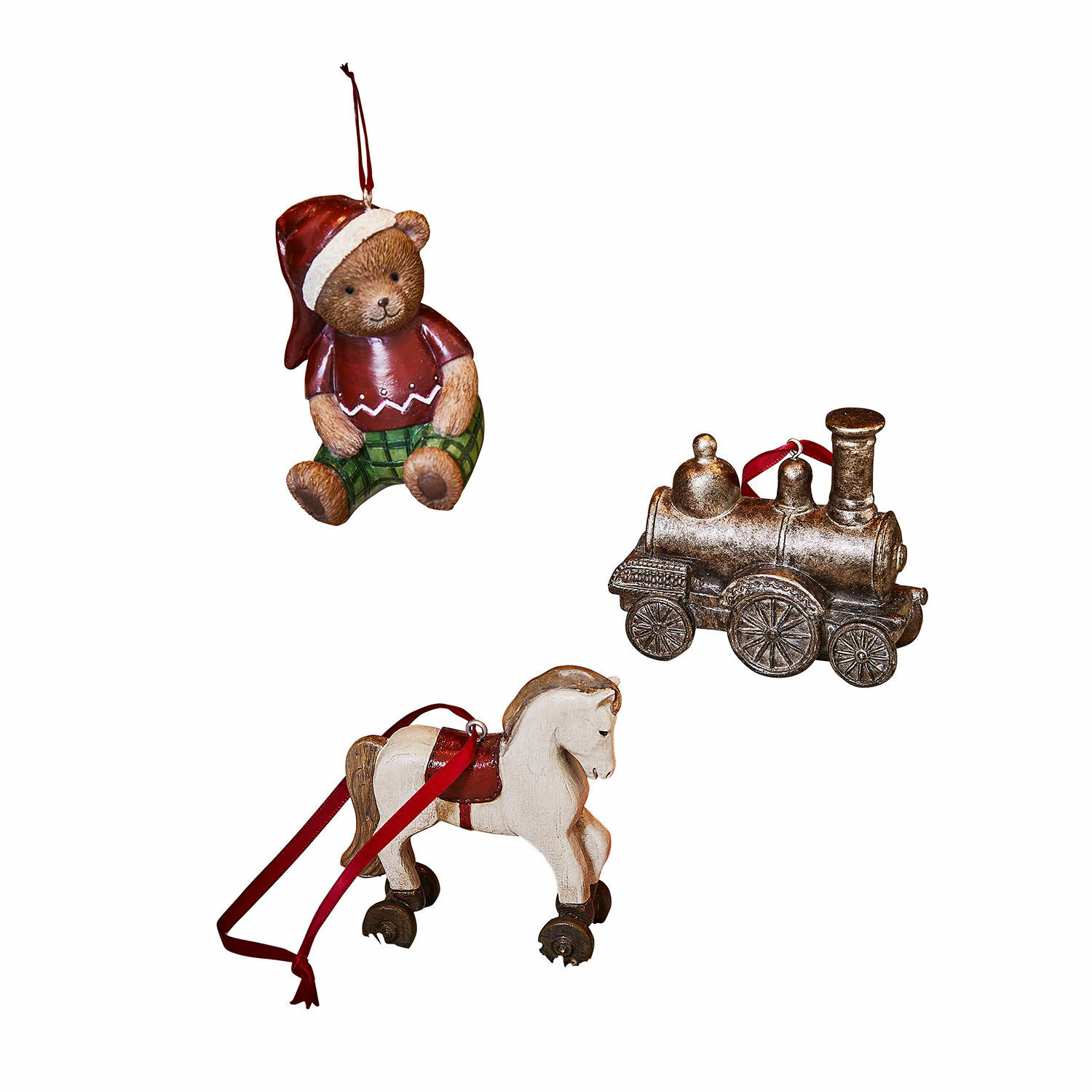 Anhänger 3er Set Larielle Set aus drei Weihnachtsanhängern: Bär mit roter Mütze, goldene Lokomotive und weißes Pferd auf Rollen