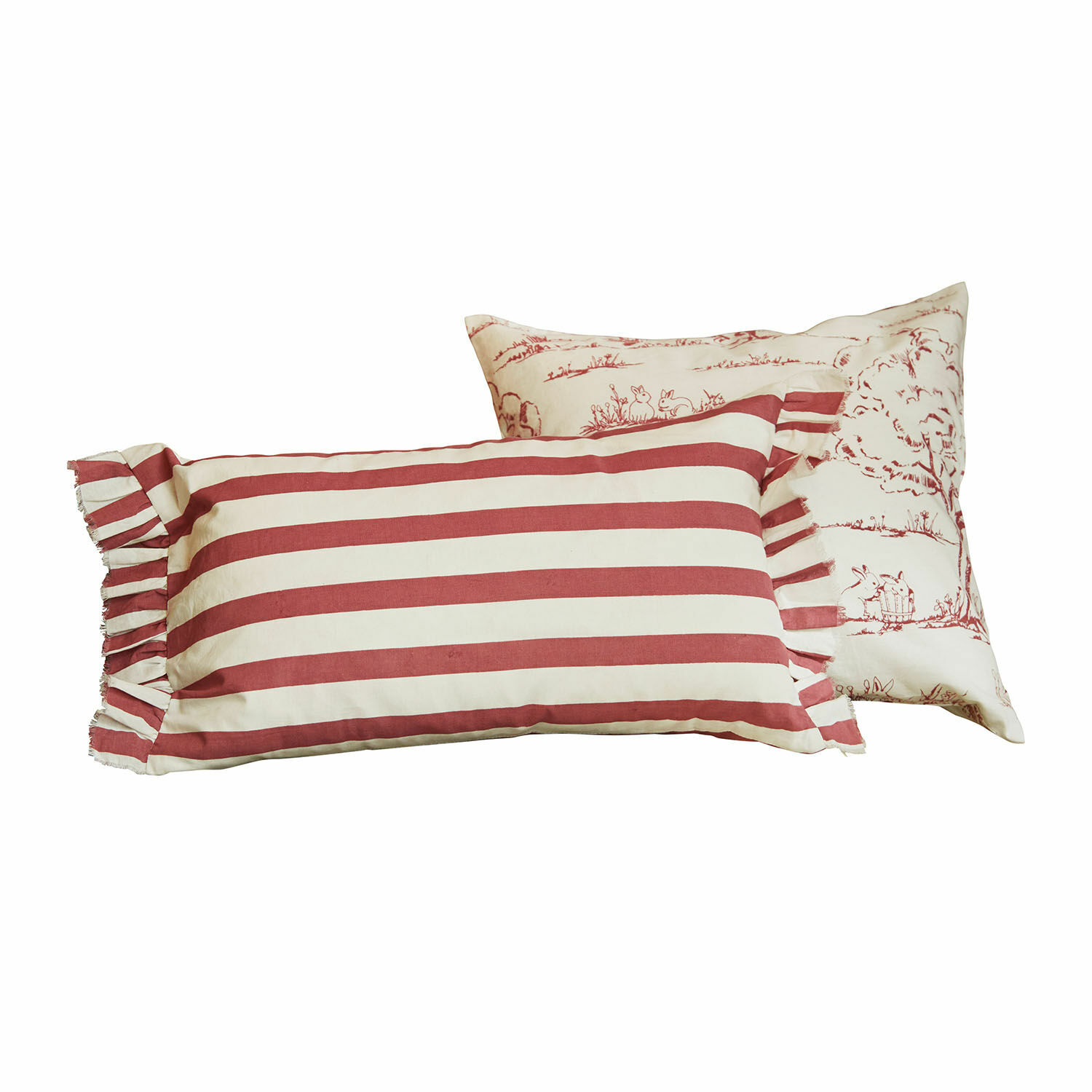 Kissenhülle 2er Set Fleurine Set aus zwei Baumwollkissen mit rot-weißen Streifen und Hasenmotiven als Dekoration