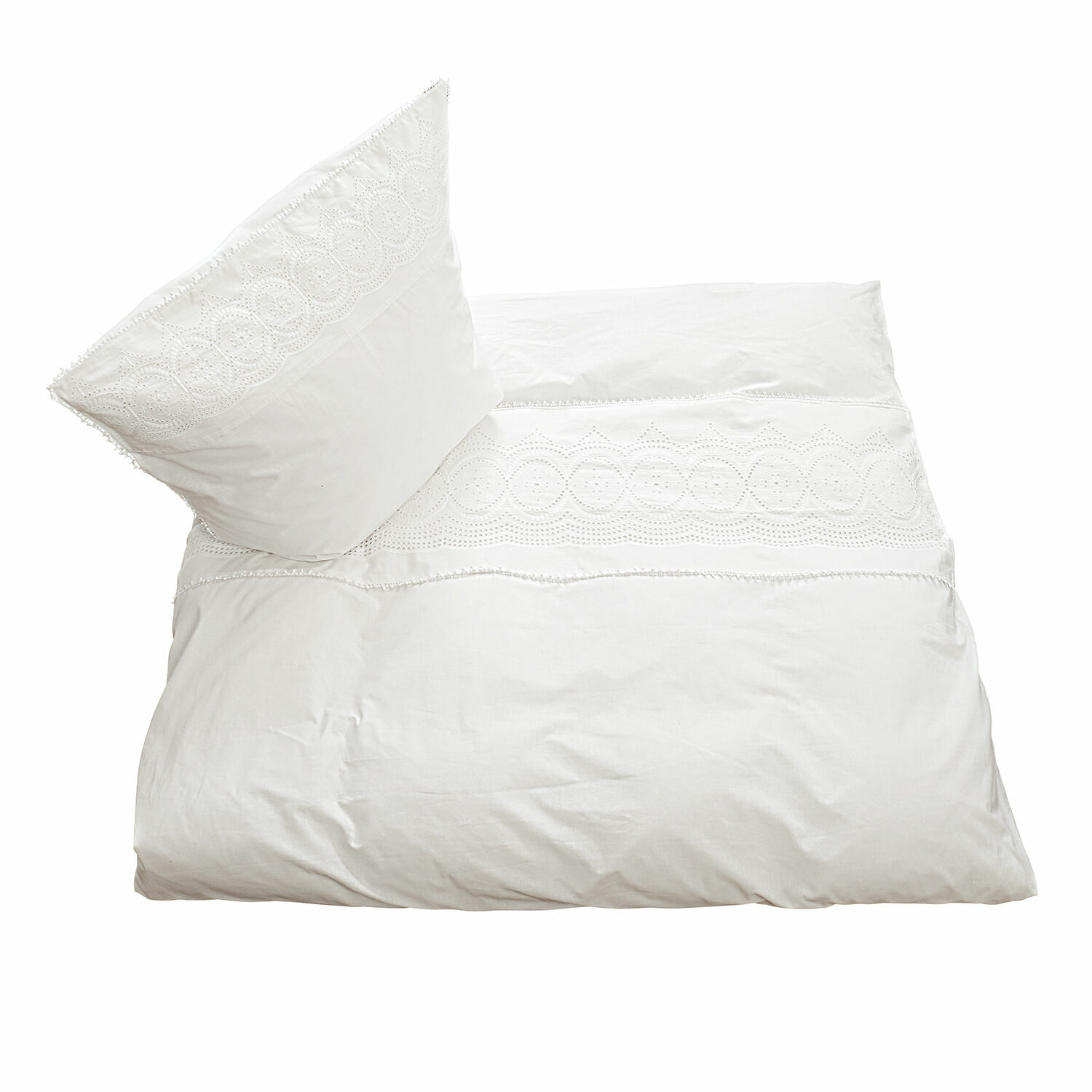 Bettwäsche Norelle Weiße Baumwollbettwäsche mit feiner Stickerei und Spitzenmuster, weich und elegant