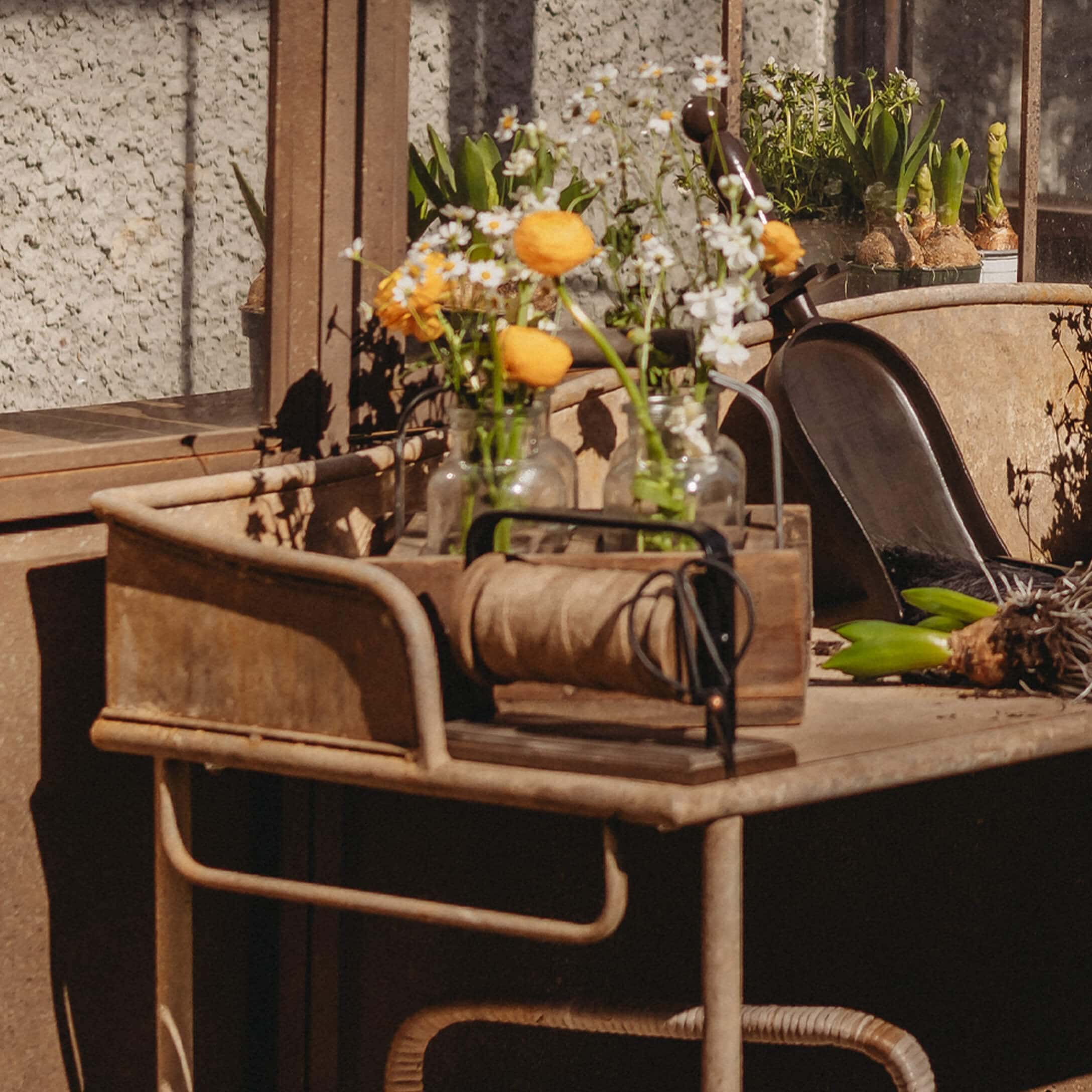 Metalltisch mit Glasvasen und gelben Blumen, Gartengeräte und Seilrolle auf sonnigem Balkon
