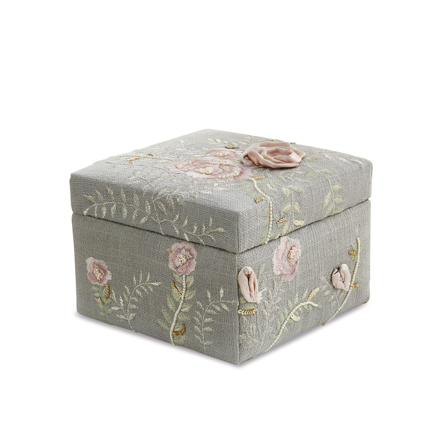 Graue Stoffbox mit rosa Blumenstickerei und dekorativem Deckel
