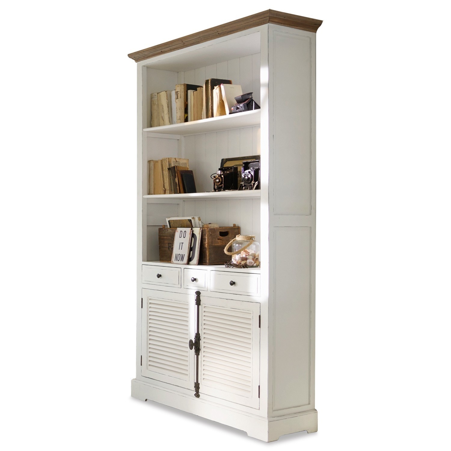 Weiße Holzvitrine mit Regalen und Schubladen im Vintage-Stil, Möbel zur Aufbewahrung von Büchern und Dekoration
