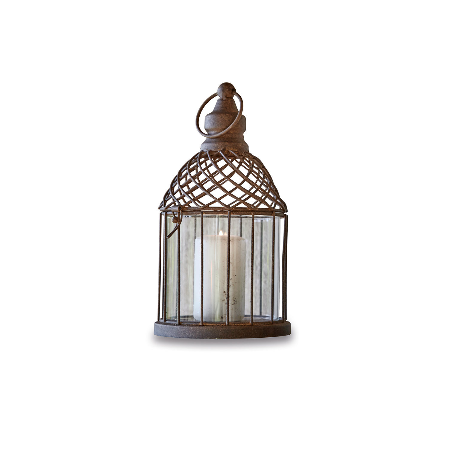 Laterne Tiflet Metalllaterne in Braun mit weißer Kerze in Glas, dekorativer Wohnaccessoire im Vintage-Stil