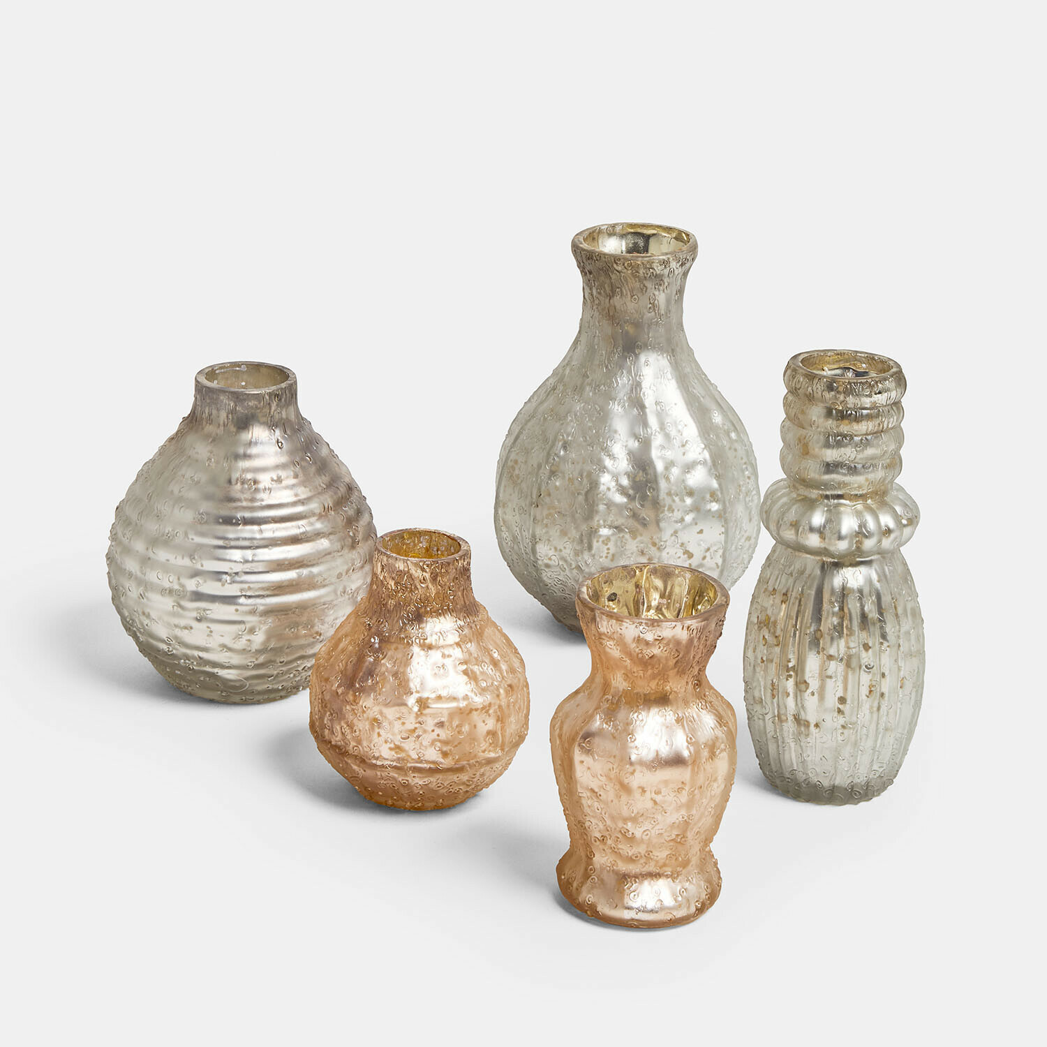Vase 5er Set Petillantique Set aus fünf dekorativen Vasen aus strukturiertem Glas in silberner Farbe für Wohnräume