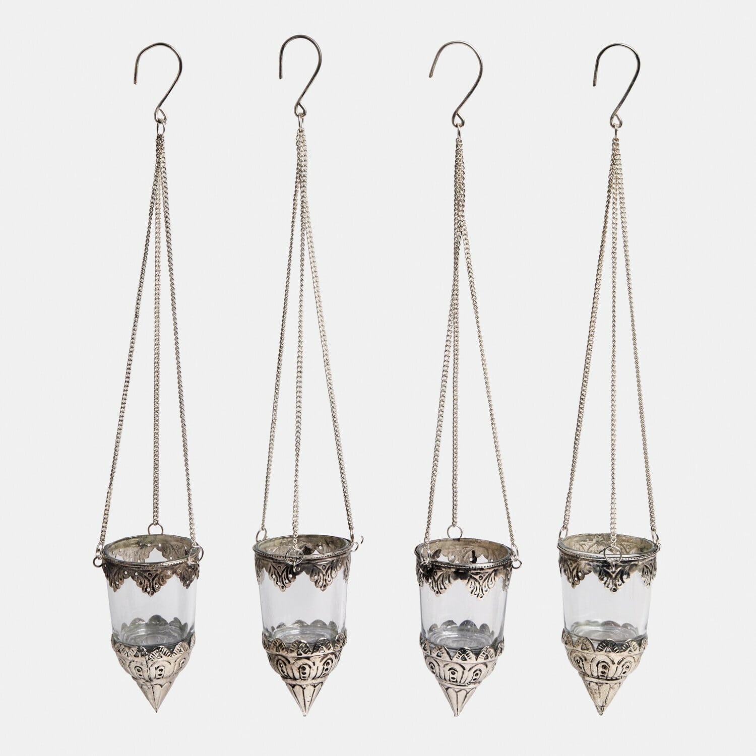 Windlichter 4er Set Céleste Vier hängende Glas-Teelichthalter mit silberfarbenem, verziertem Metallrand im Set