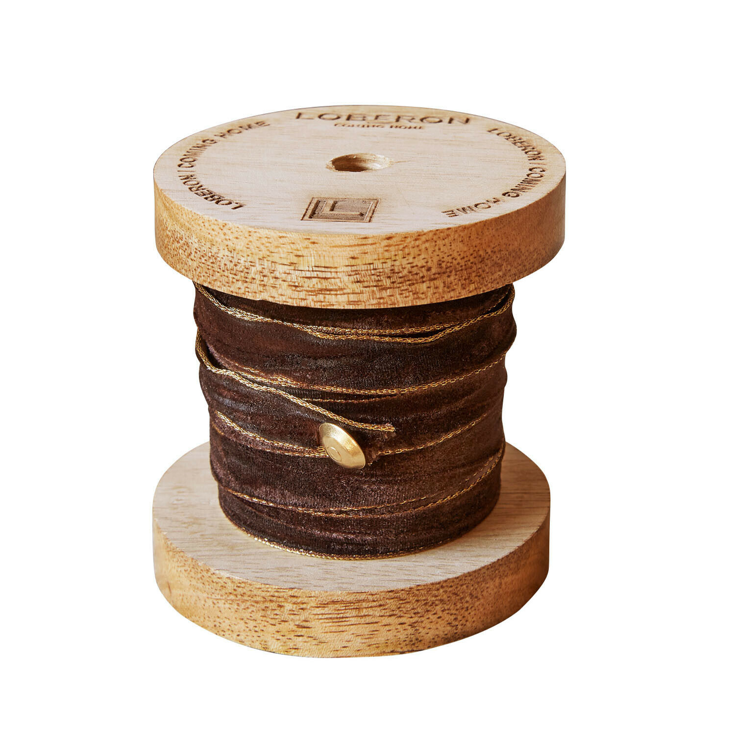dunkelbraun/gold Dunkelbraunes Samtband Sorima mit goldenen Akzenten auf Holzspule, dekoratives Bastelband