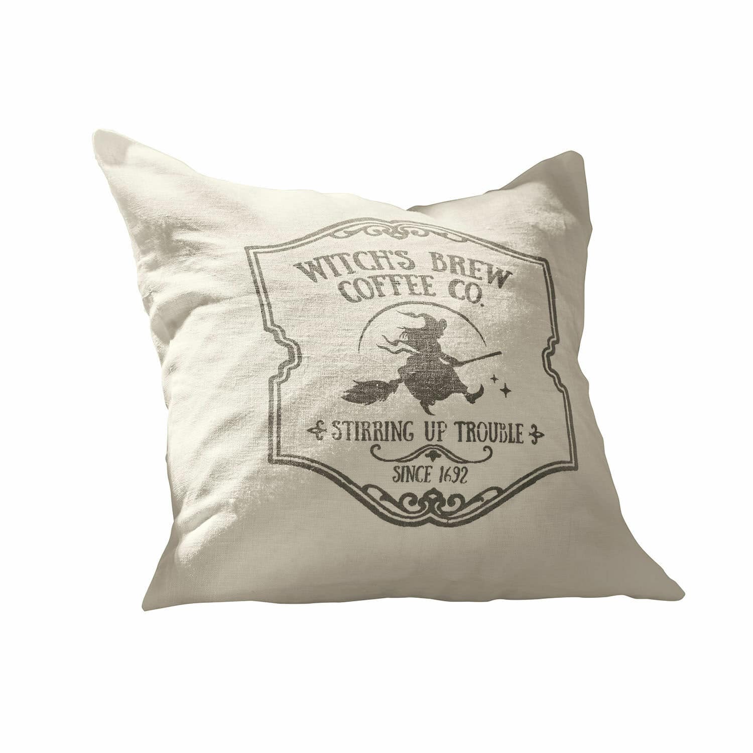 Kissenhülle Morivelle Beige Leinenkissen mit Hexen-Motiv und Kaffee-Schriftzug, dekoratives Wohnaccessoire