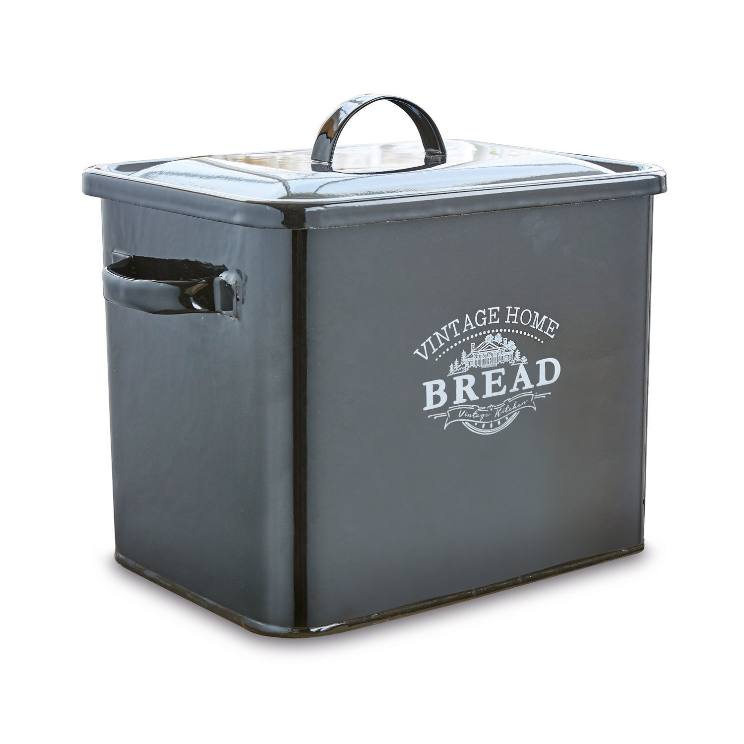 Schwarzer Metall-Brotkasten mit Deckel und Griffen im Vintage-Stil für die Küche