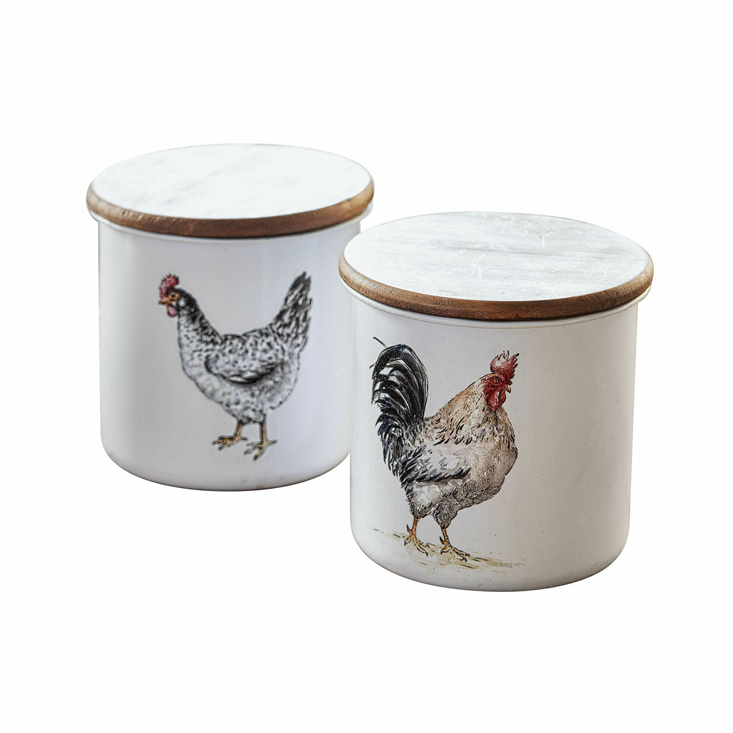 Set aus zwei weißen Keramikbehältern mit Holzdeckeln und Huhn- sowie Hahn-Motiv