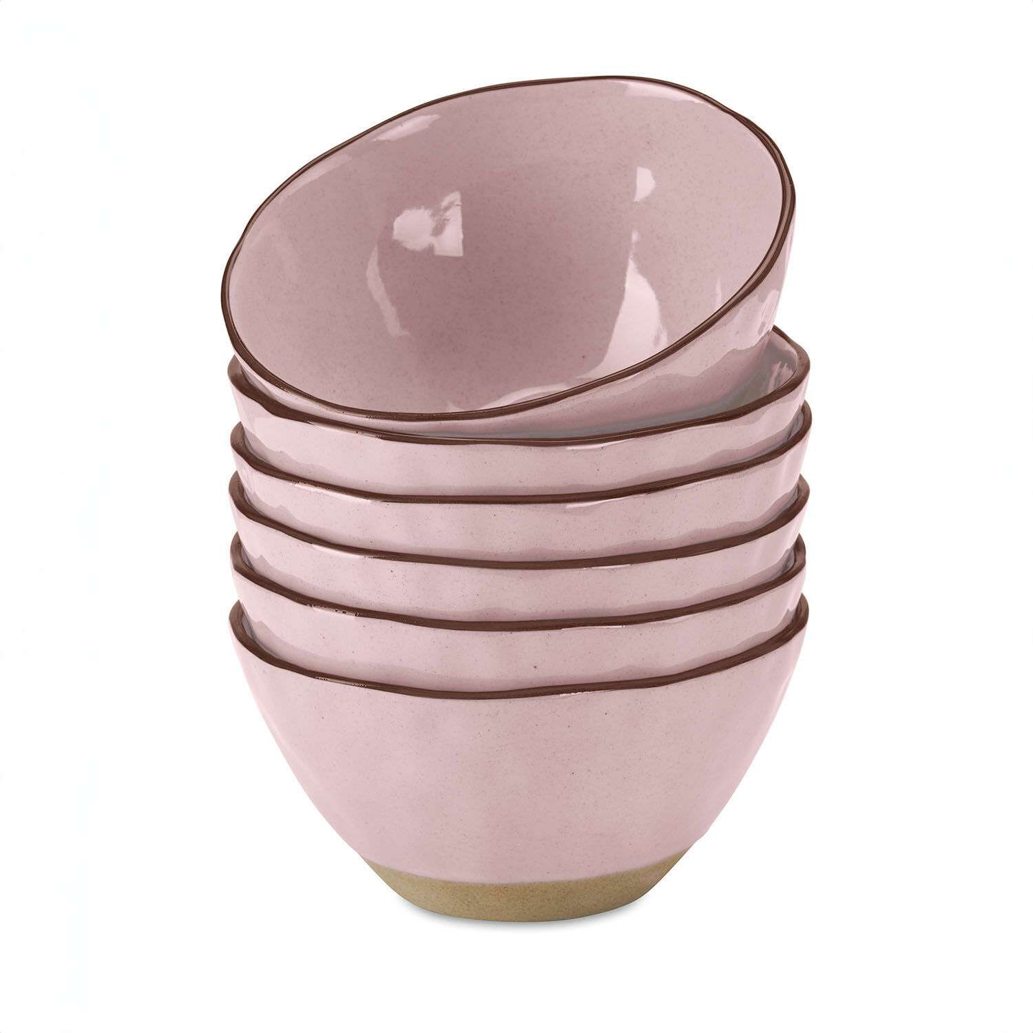 Schüssel 6er Set Biarré Set aus fünf rosa Keramikschalen mit braunem Rand, ideal für Küche und Esszimmer