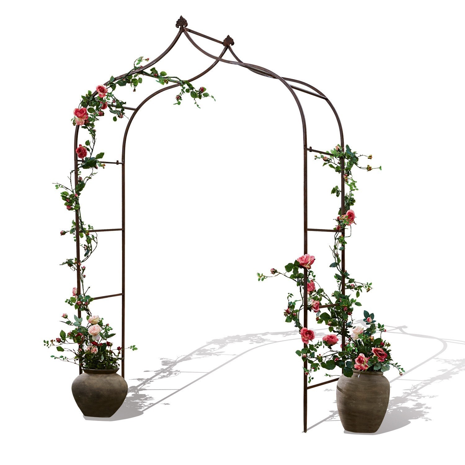 braun Brauner Metall-Rosenbogen Dimarus mit Rosen und Töpfen, dekorativer Kletterpflanzenhalter für Garten