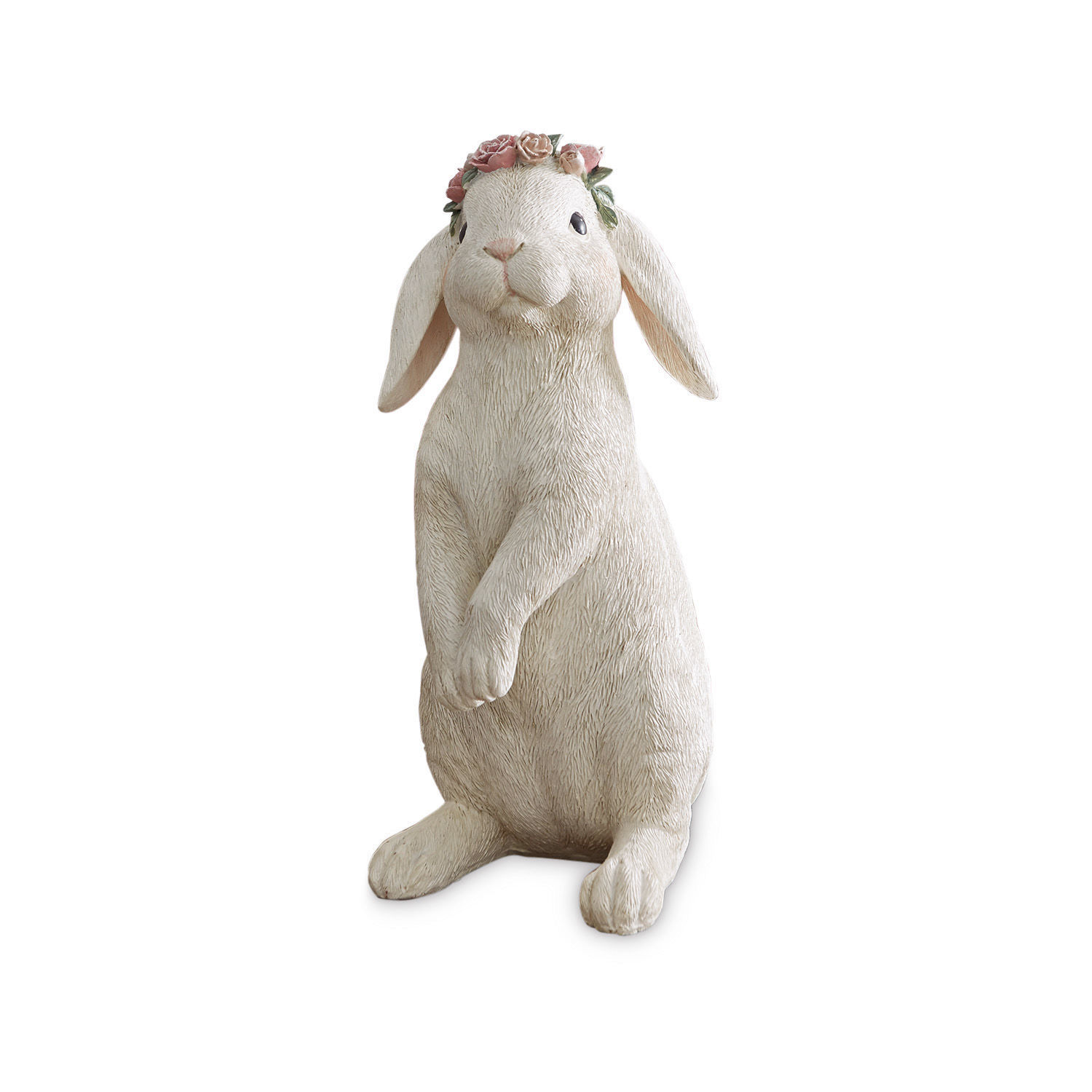 Hase Sweety Weiße Hasenfigur aus Keramik mit rosa Blumenkranz, frühlingshafte Dekoration