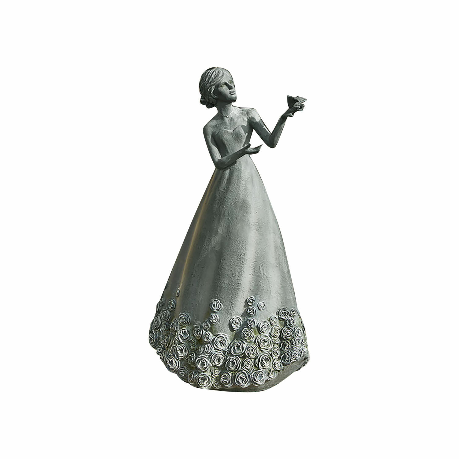 Deko-Figur Yasminah Metallfigur einer Frau im langen Kleid mit Rosenverzierung in silberner Farbe als Dekoration