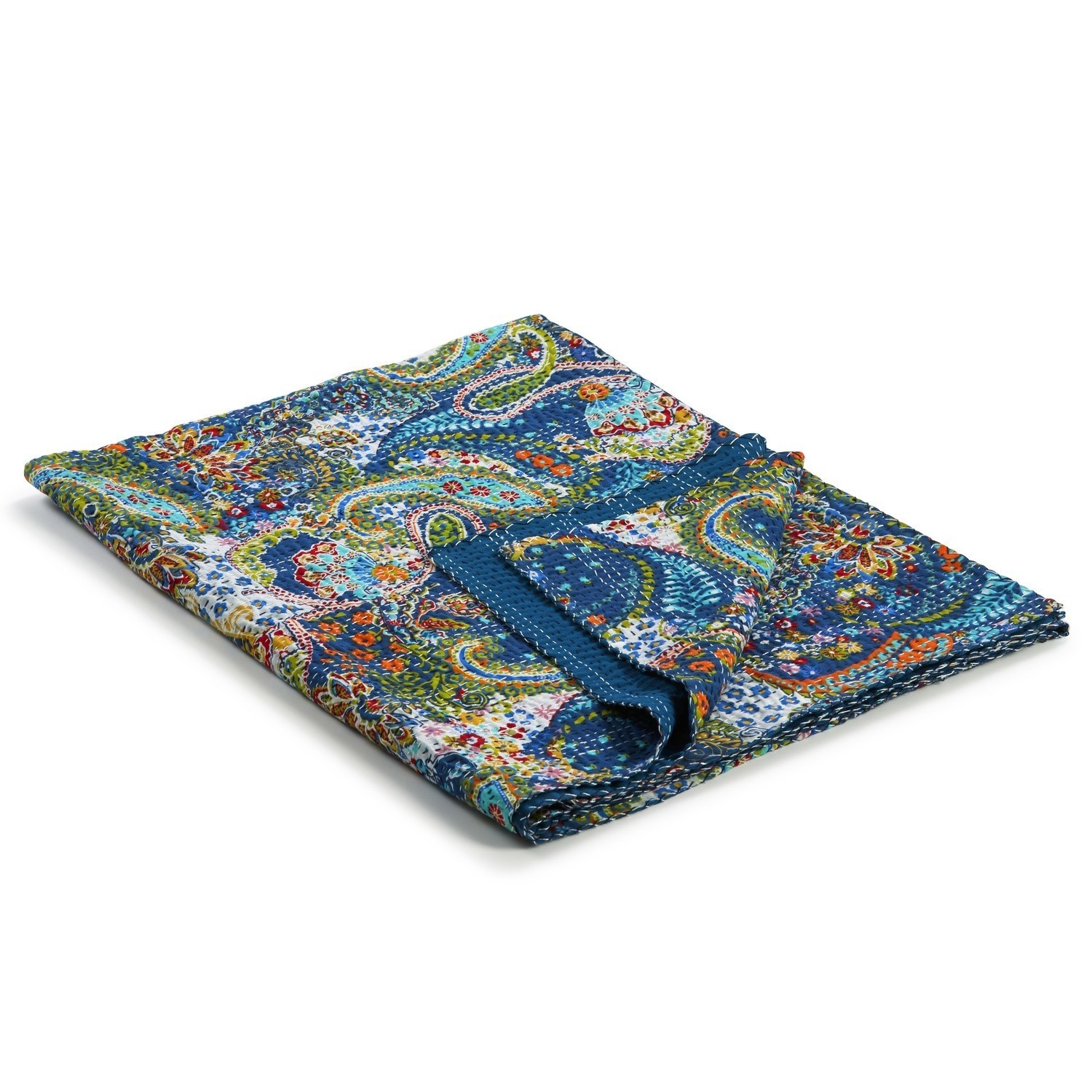 Bunte Baumwolldecke mit Paisley-Muster in Blau- und Grüntönen, dekorativer Wohntextil
