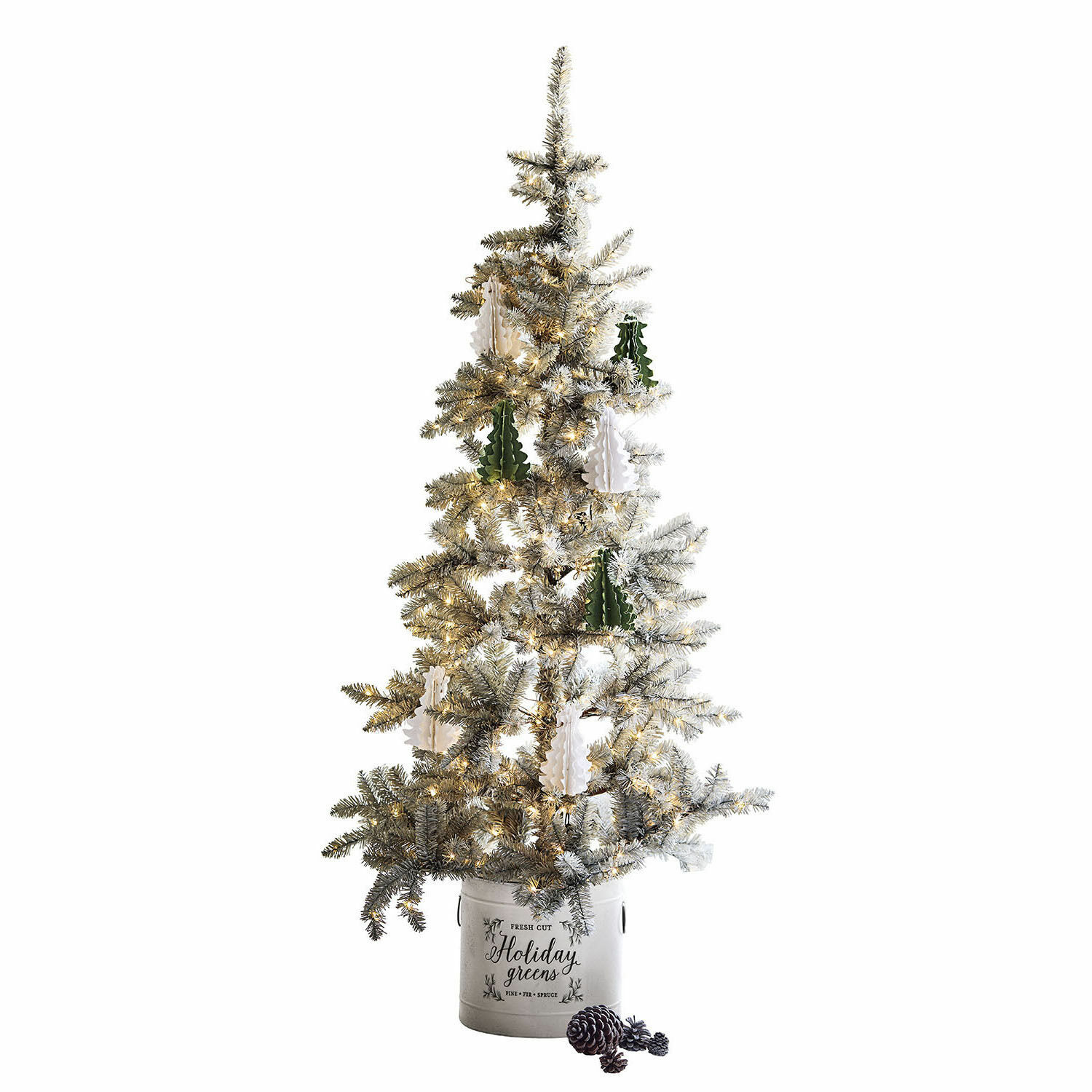 Weihnachtsbaum Sansais Künstlicher Weihnachtsbaum mit LED-Lichtern und grünen sowie weißen Dekorationen in Metalltopf