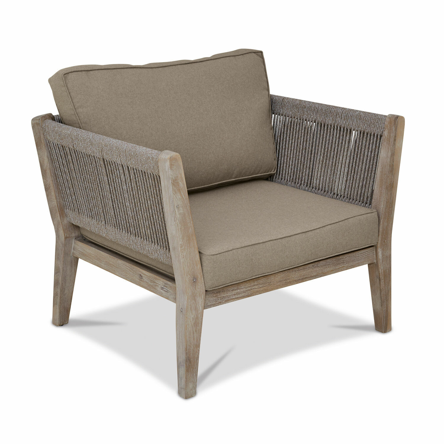 Sessel FSC®-100% Biarritz Sessel aus Holz und beigem Stoff mit geflochtenen Seiten, gemütliches Wohnzimmermöbel