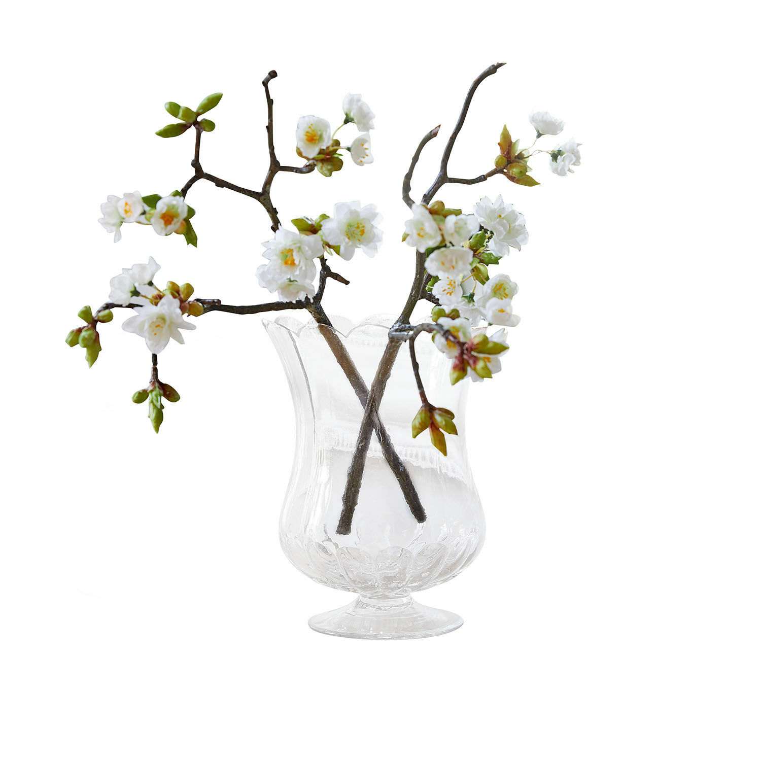 Dekoblume 2er Set Gráda Transparente Glasvase mit weißen Blütenzweigen als stilvolle Wohnraumdekoration