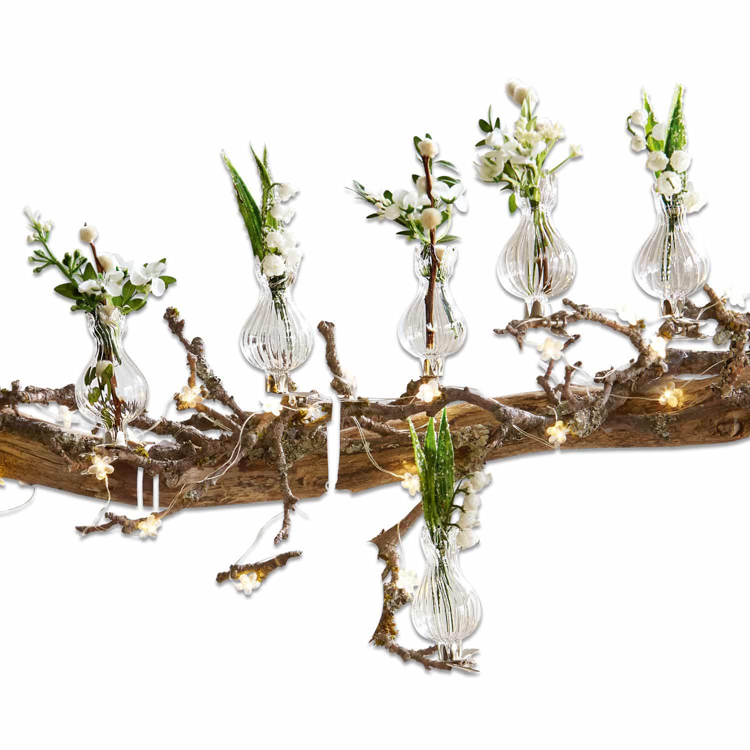 Vase 6er set Josephine Glasvasen mit weißen Blumen auf Ast mit dekorativer LED-Beleuchtung im natürlichen Stil
