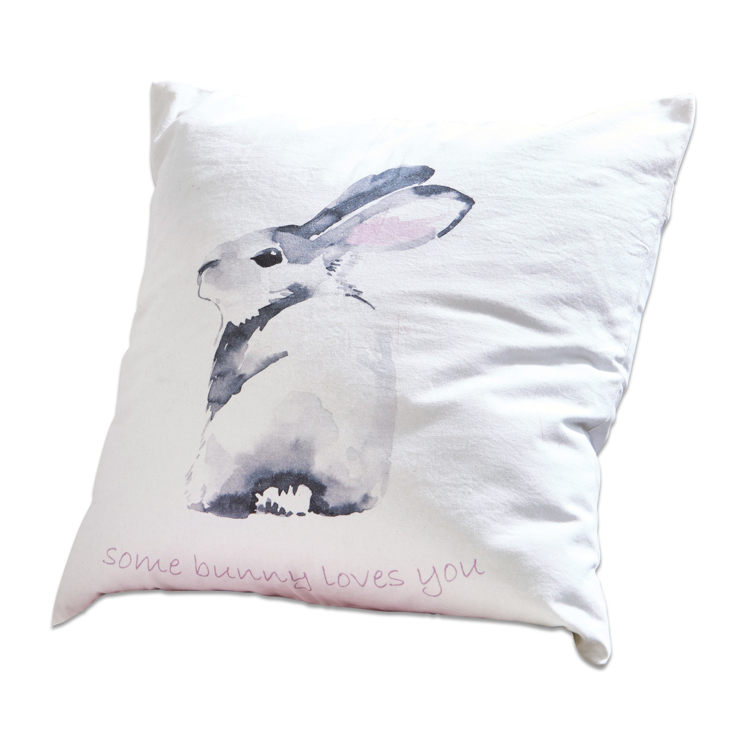 Weiße Baumwollkissen mit grauem Hasenmotiv und Schriftzug some bunny loves you