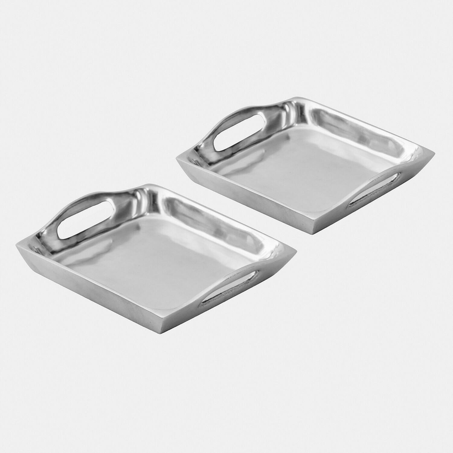 Set aus zwei silbernen Metalltabletts mit Griffen, modernes Design zum Servieren von Getränken