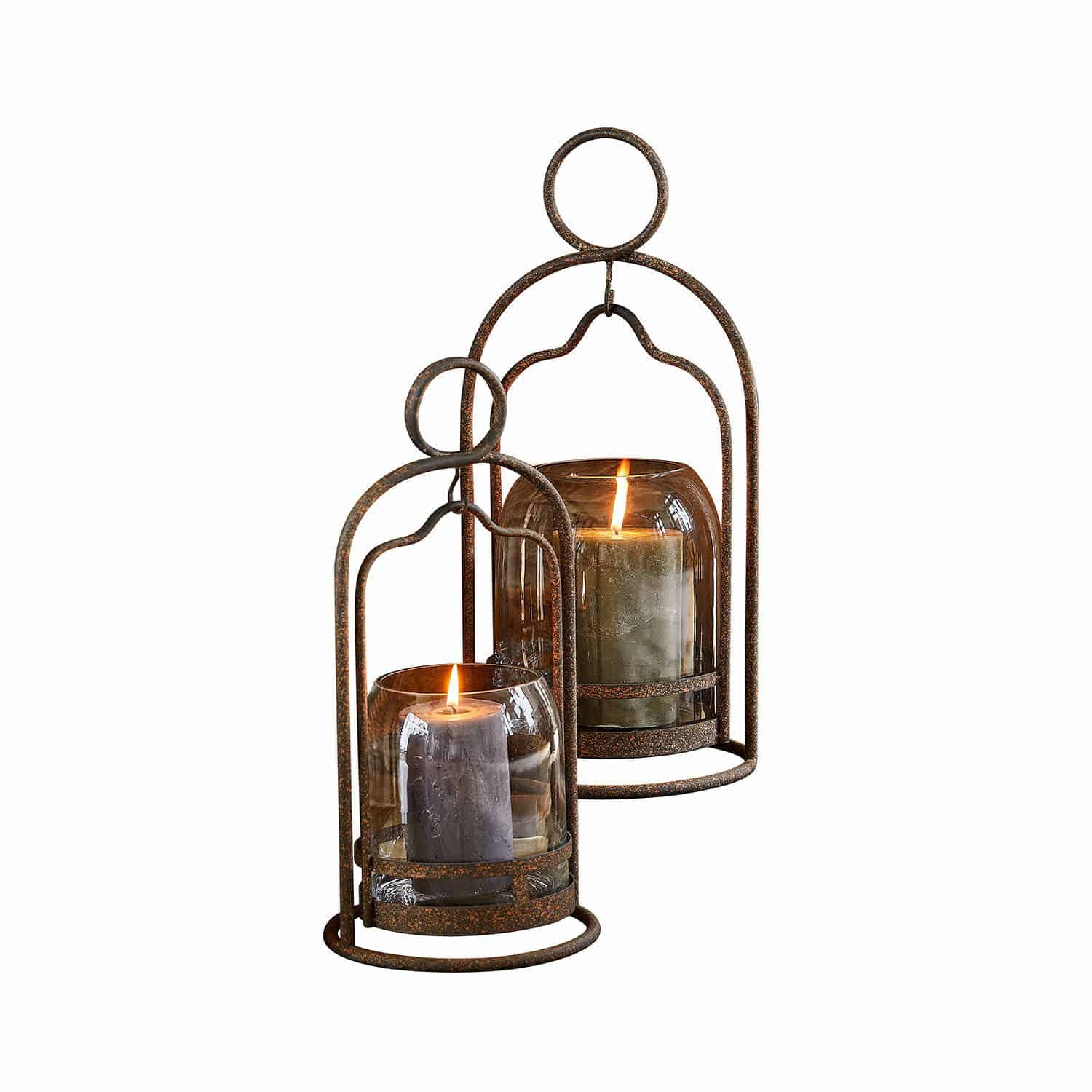Windlicht 2er Set Émilisse Set aus zwei rostfarbenen Metall-Glas-Laternen mit brennenden Dekokerzen für gemütliche Atmosphäre