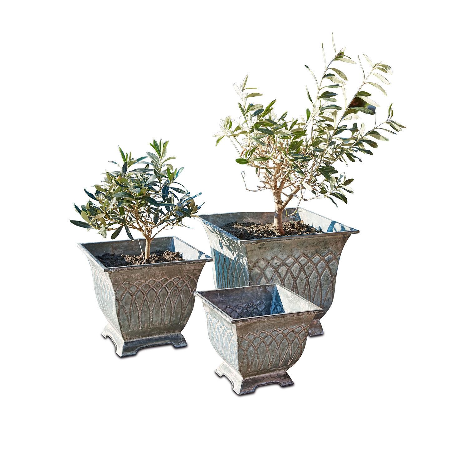 Übertopf 3er Set Klaireau Set aus drei vintage Metall-Blumentöpfen mit Pflanzen, dekorativ für Garten und Zuhause
