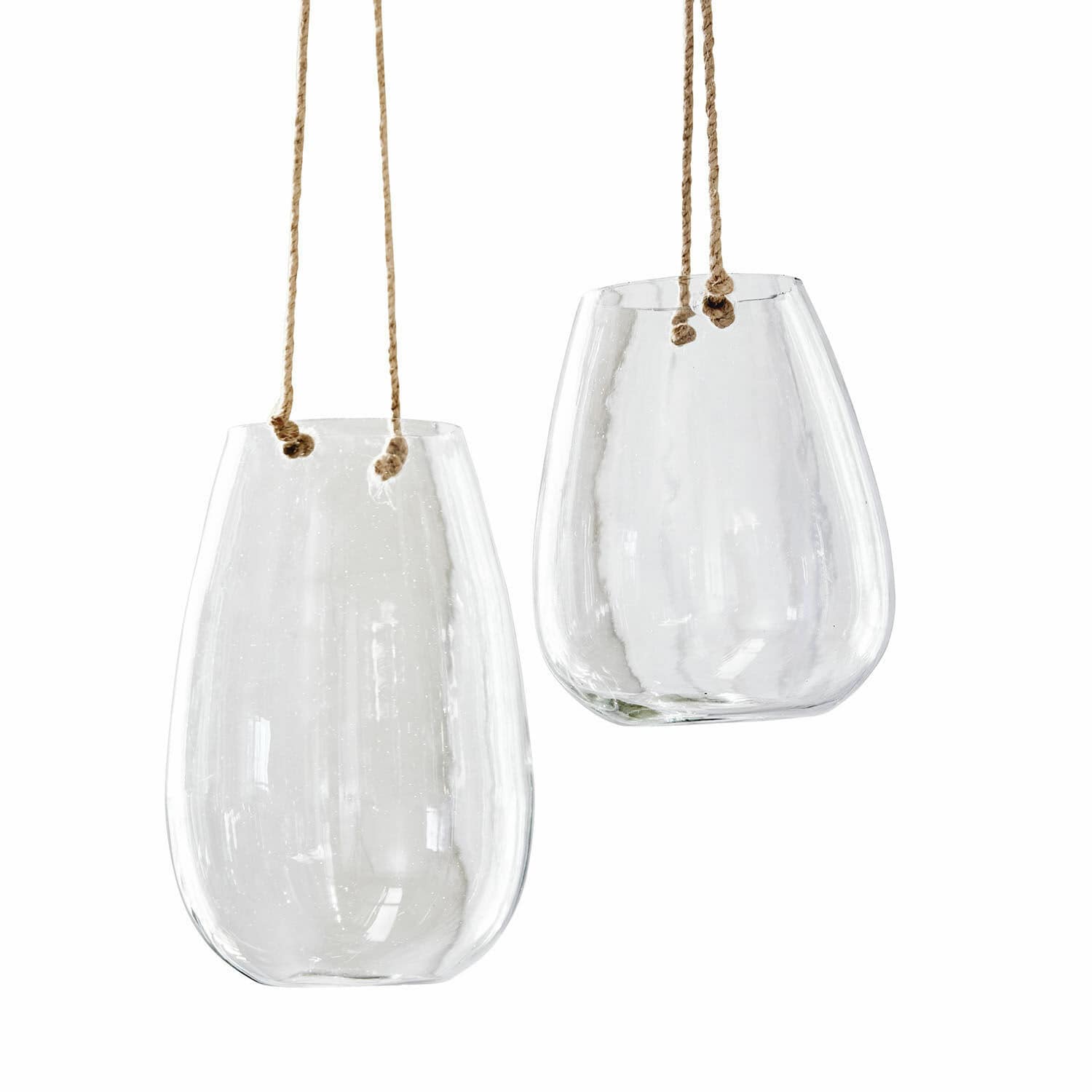 Set aus zwei transparenten Glas-Laternen mit Juteschnur zum Hängen als Wohnaccessoire
