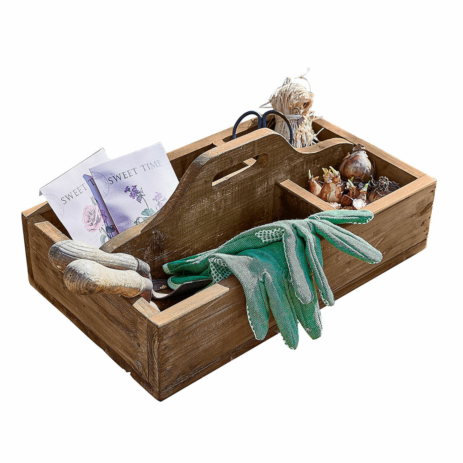 Organizer Jixel Holz-Gartentruhe mit grünen Handschuhen, Werkzeugen und Blumenzwiebeln zum Pflanzen