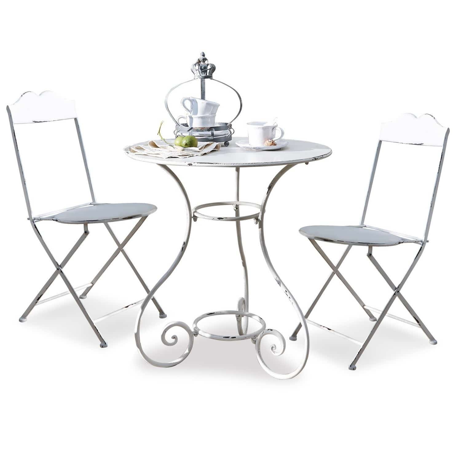 Sitzgruppe Iteuil Weißer Metall-Bistrotisch mit zwei klappbaren Stühlen im Vintage-Stil für Garten oder Balkon