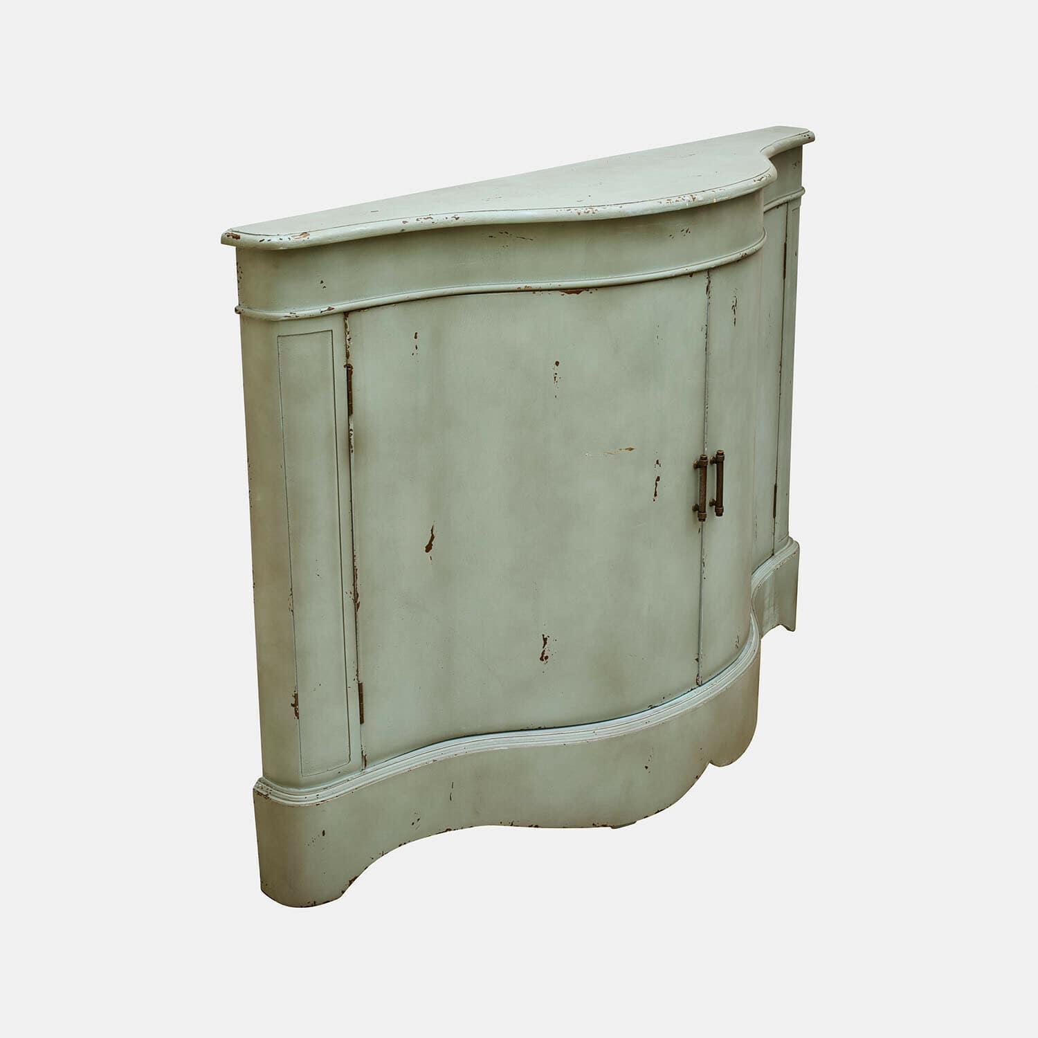 Grüner Holzschrank mit antikem Finish und geschwungenem Frontdesign für elegante Aufbewahrung