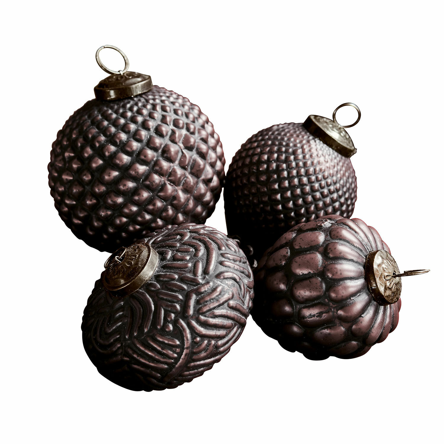 lila 4-teiliges Set lila Weihnachtskugeln mit strukturierter Oberfläche aus Glas und Metall