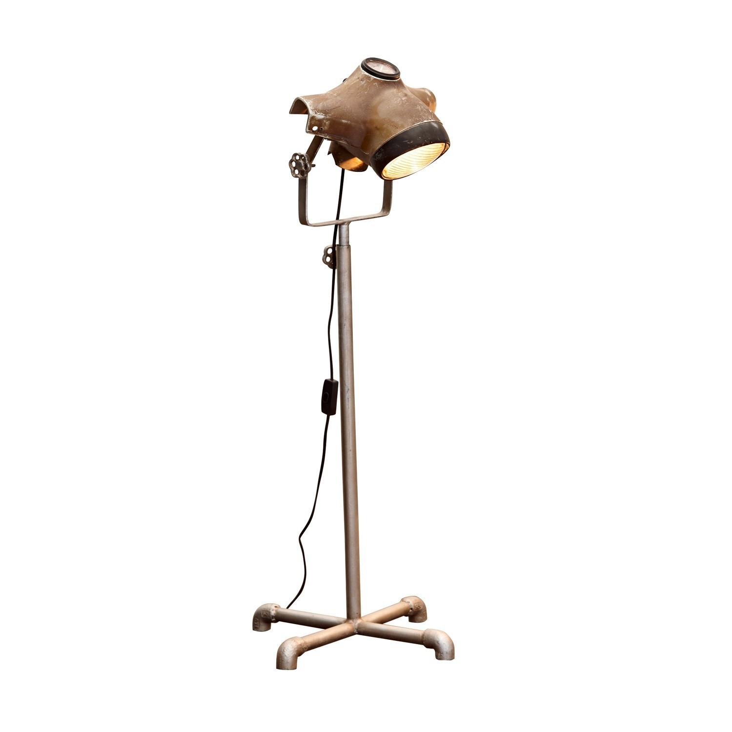 Industriedesign Stehlampe aus Metall in rostigem Braun und Grau mit Kabel und Schalter